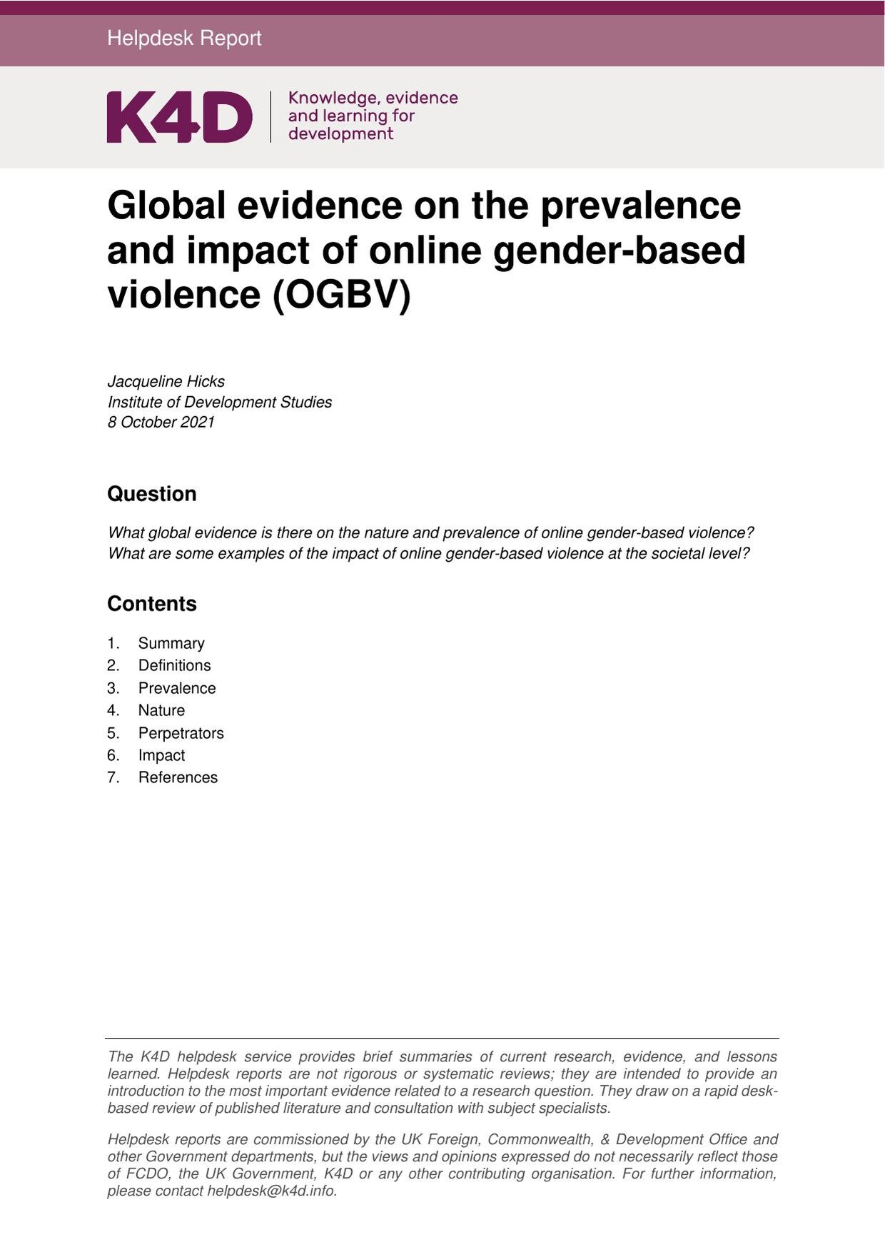 Cover of the K4D helpdesk report 'Global evidence on the prevalence and impact of online gender-based violence (OGBV)' by Jacqueline Hicks, with a magenta header bar, the research questions and a contents list.