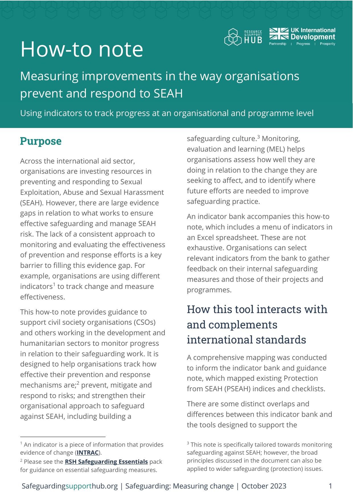First page of the Safeguarding Resource and Support Hub how-to note 'Measuring improvements in the way organisations prevent and respond to SEAH', October 2023, with a teal header band and a two-column purpose section.