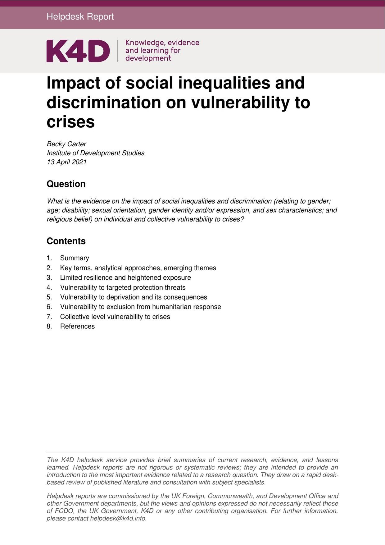 Cover of the K4D helpdesk report 'Impact of social inequalities and discrimination on vulnerability to crises' by Becky Carter, with a magenta header bar, the research question and a contents list.