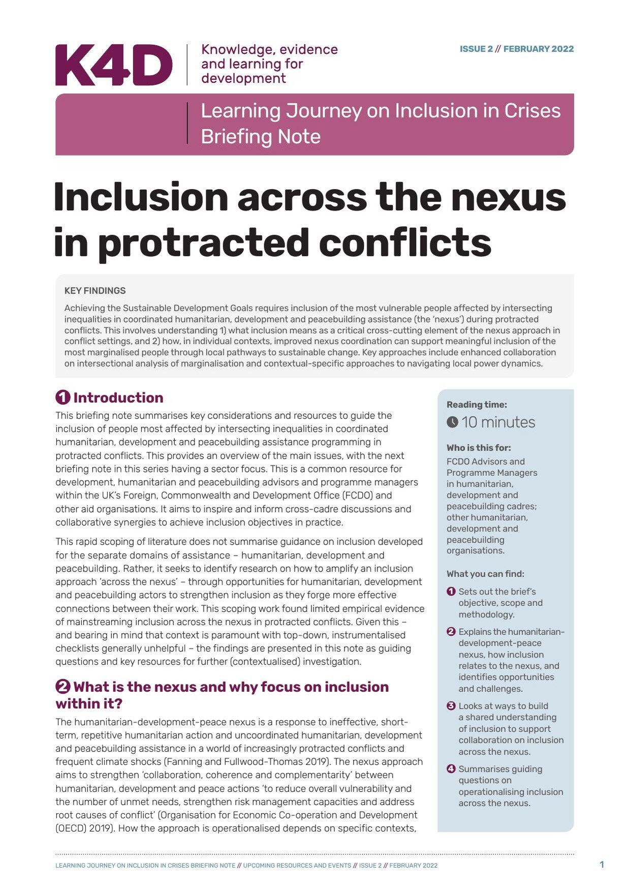 Cover of the K4D Learning Journey on Inclusion in Crises briefing note 'Inclusion across the nexus in protracted conflicts', issue 2, February 2022, with a magenta header panel and a key findings box.