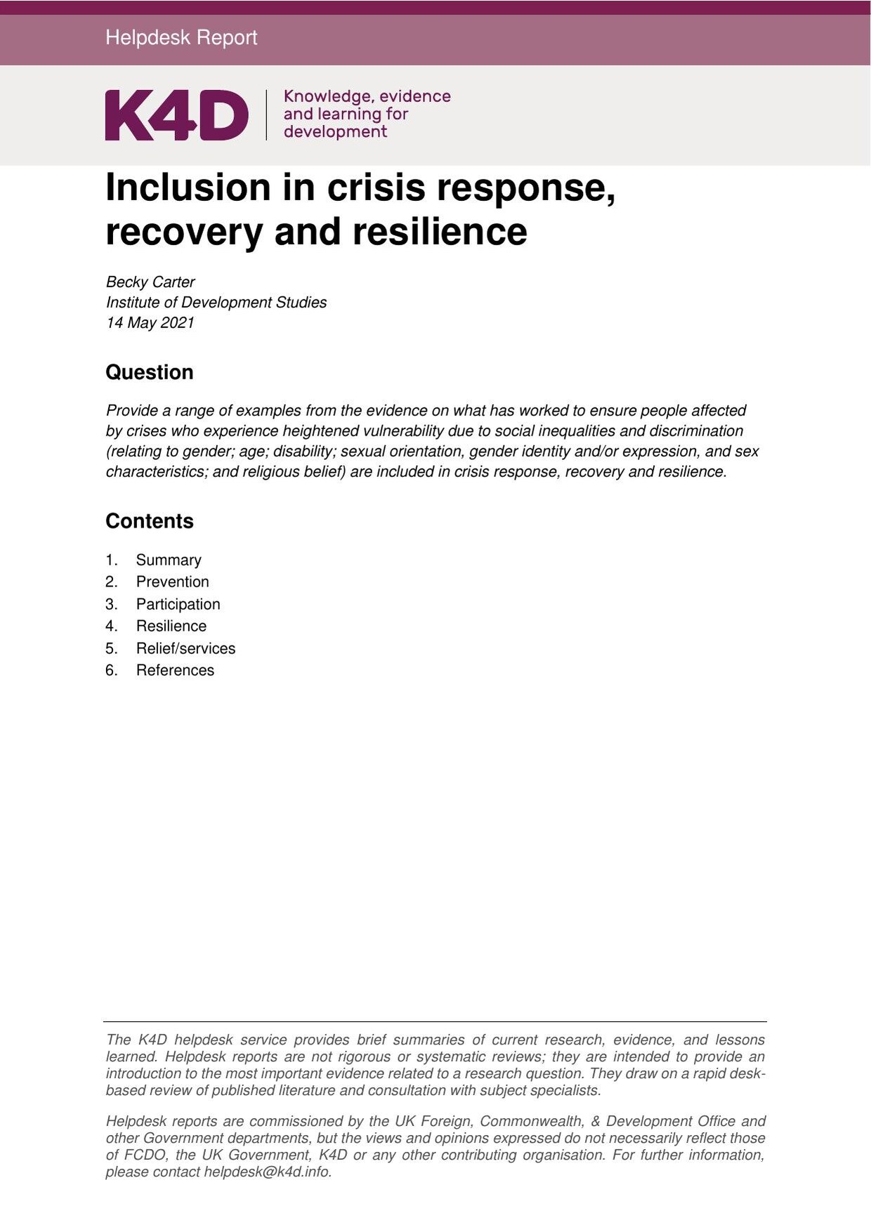 Cover of the K4D helpdesk report 'Inclusion in crisis response, recovery and resilience' by Becky Carter, with a magenta header bar, the research question and a contents list.