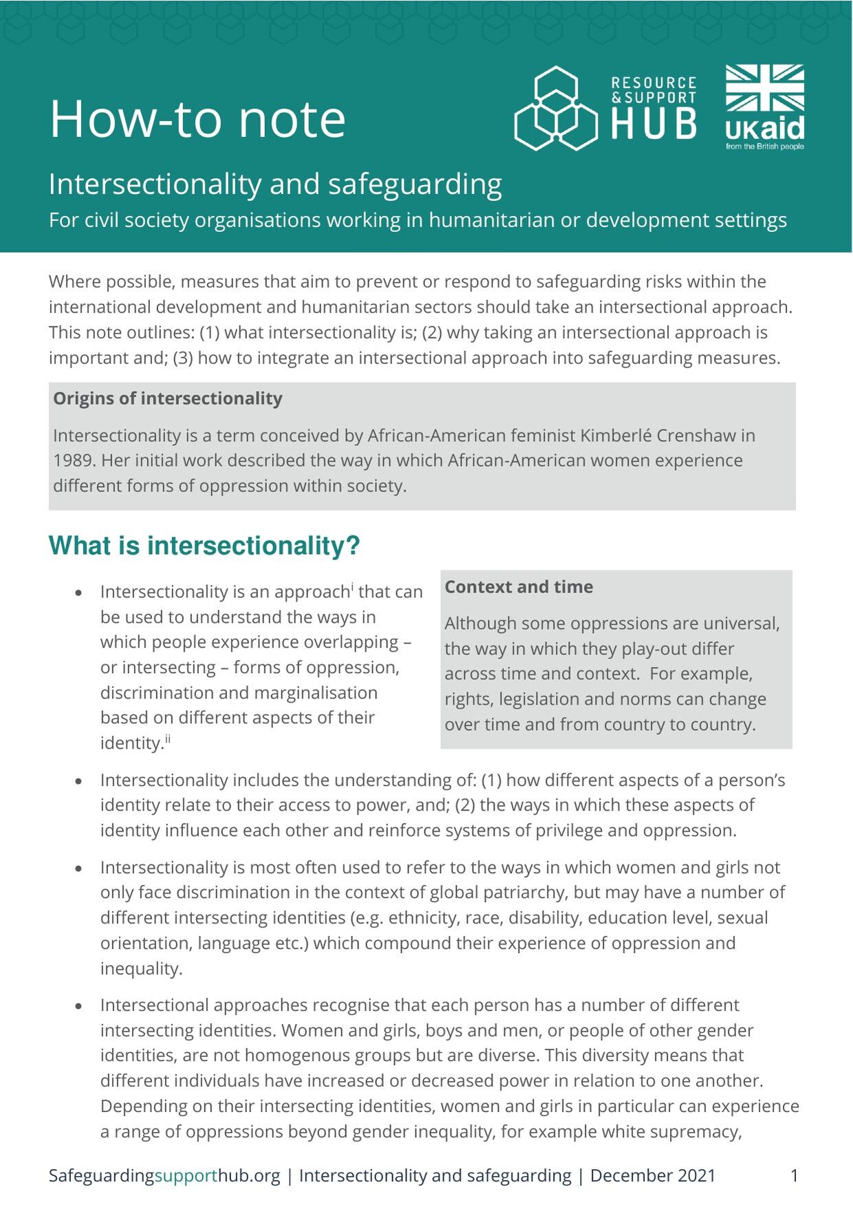 Cover of the Safeguarding Resource and Support Hub how-to note 'Intersectionality and safeguarding', December 2021, with a teal header band and a section explaining the origins of intersectionality.