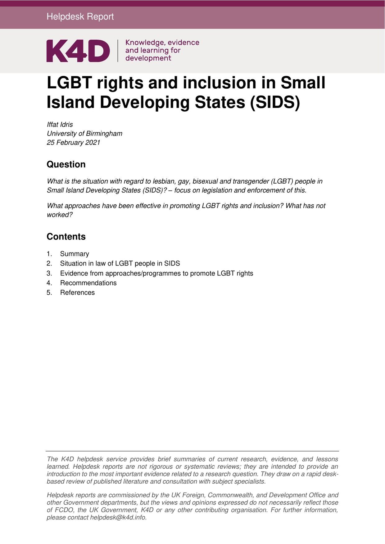 Cover of the K4D helpdesk report 'LGBT rights and inclusion in Small Island Developing States (SIDS)' by Iffat Idris, with a magenta header bar, the research questions and a contents list.