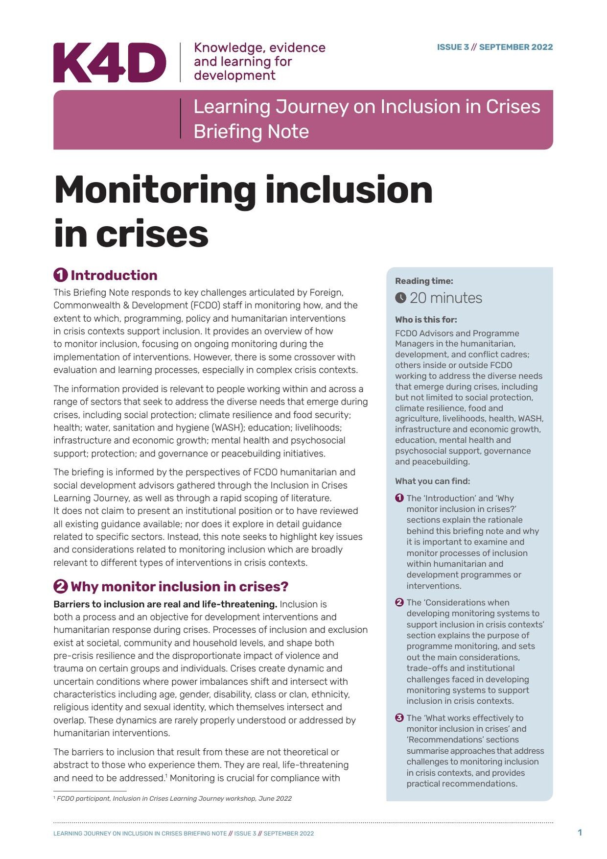 Cover of the K4D Learning Journey on Inclusion in Crises briefing note 'Monitoring inclusion in crises', issue 3, September 2022, with a magenta header panel and an introduction section.