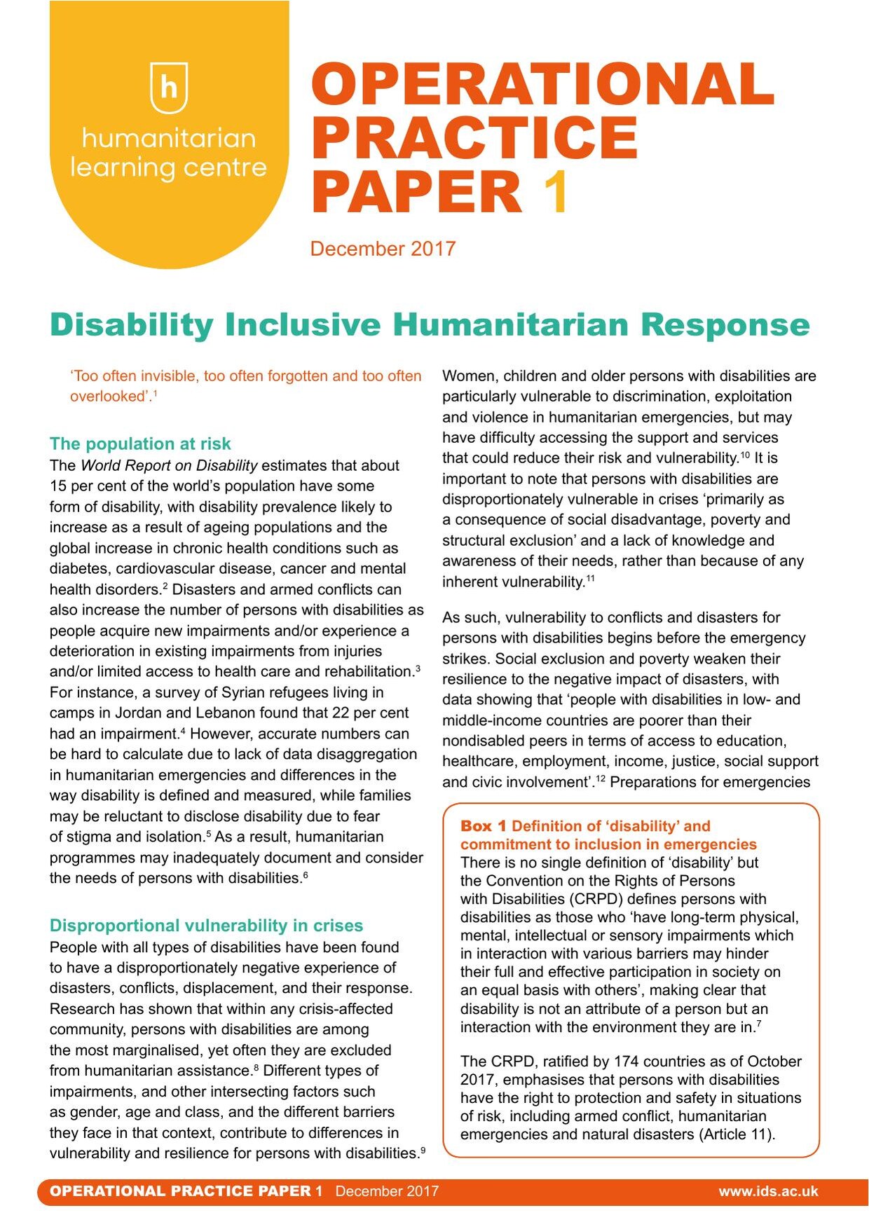 Cover of Humanitarian Learning Centre Operational Practice Paper 1, 'Disability Inclusive Humanitarian Response', December 2017, with a yellow banner and the opening sections on the population at risk and disproportionate vulnerability in crises.