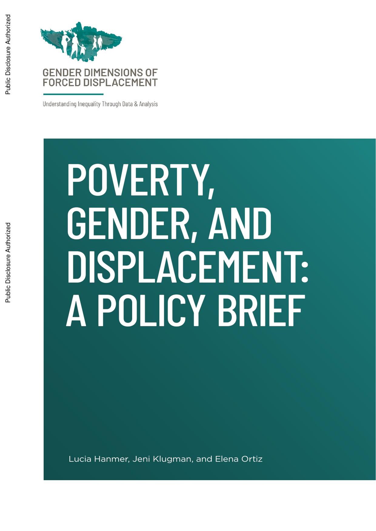 Cover of the World Bank policy brief 'Poverty, Gender, and Displacement', from the Gender Dimensions of Forced Displacement programme, with the title in white capitals on a dark teal panel.