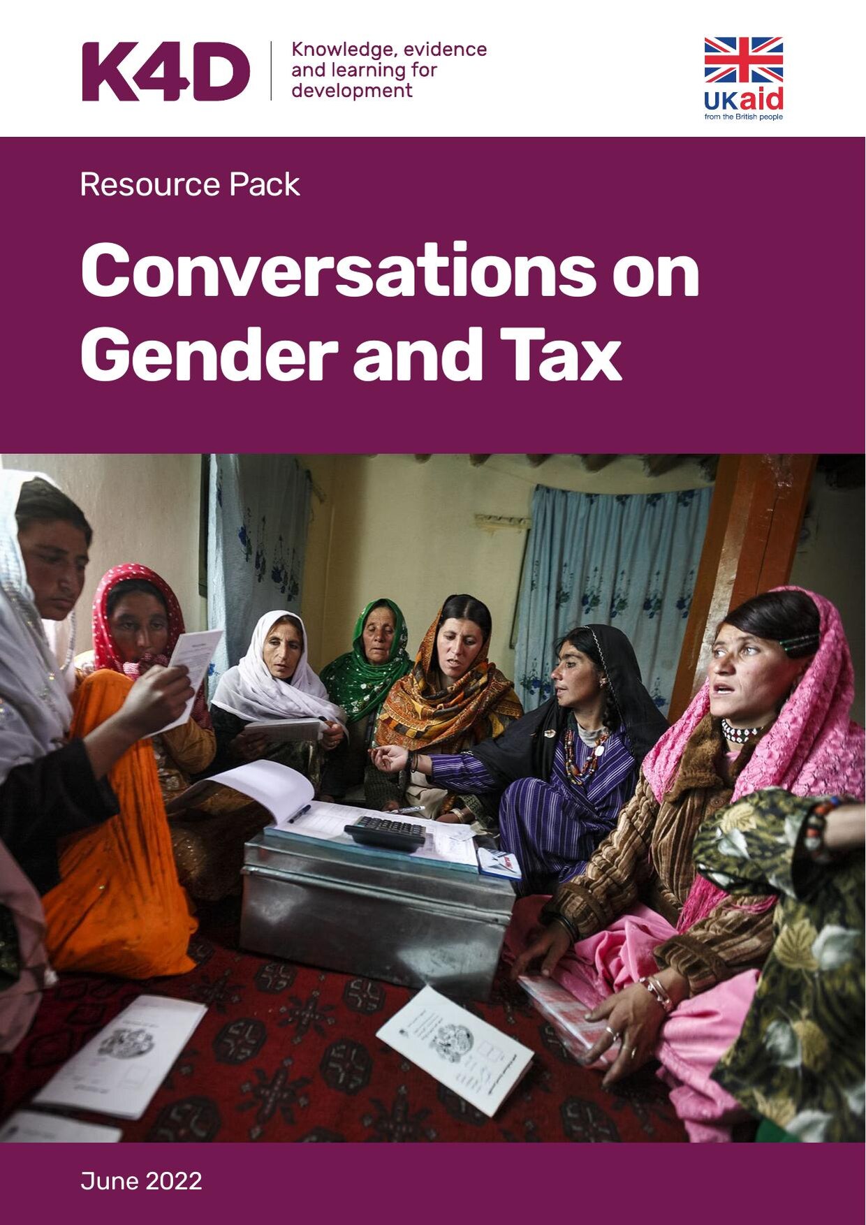 Cover of the K4D 'Resource Pack: Conversations on Gender and Tax', June 2022, with the title in white on a purple panel above a photograph of a group of women meeting with documents and a cash box.