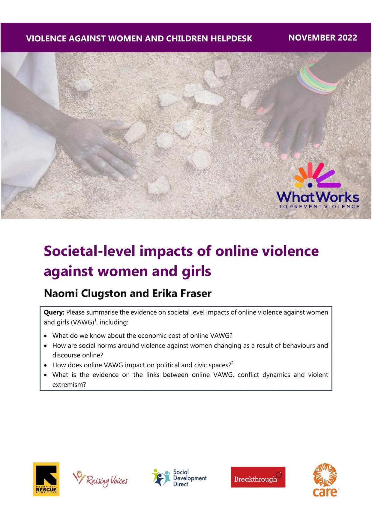 Cover of the Violence Against Women and Children Helpdesk report 'Societal-level impacts of online violence against women and girls' by Naomi Clugston and Erika Fraser, November 2022, showing hands sorting stones on the ground.