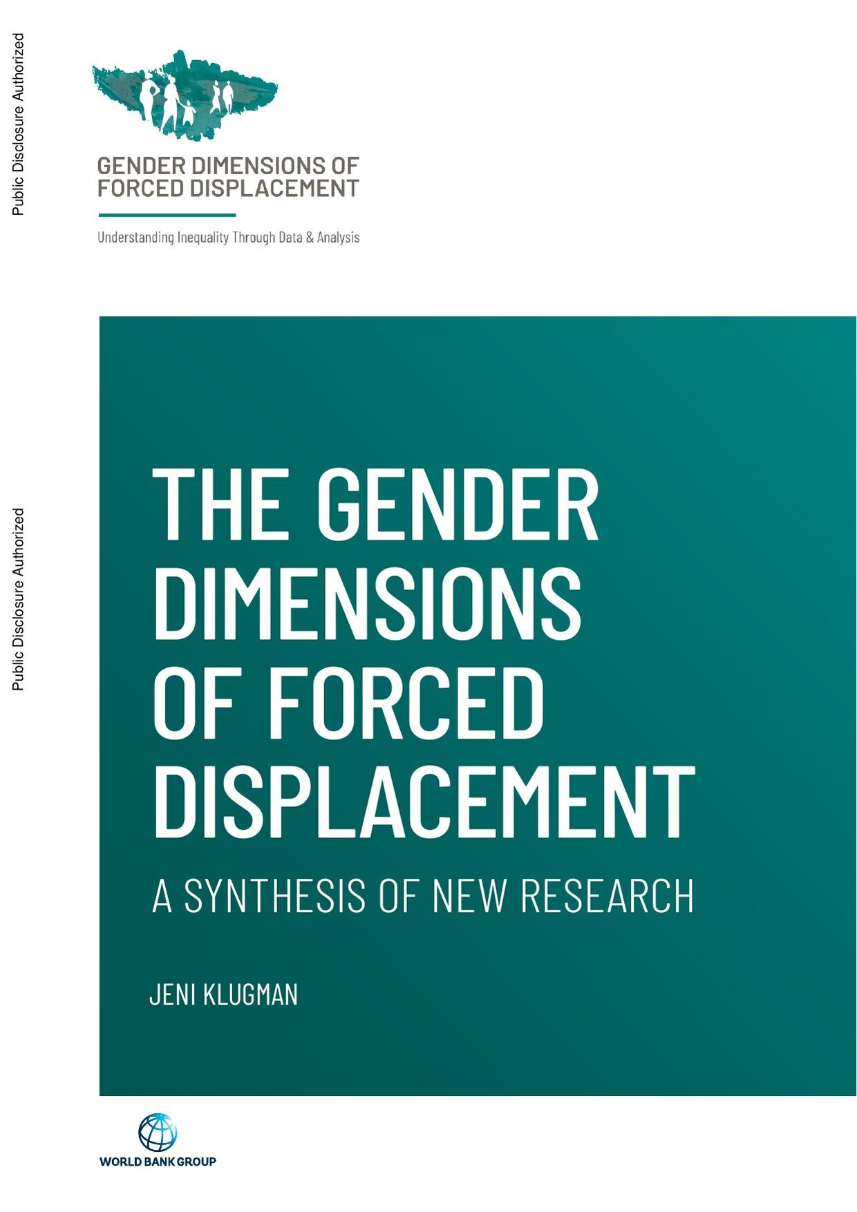 Cover of the World Bank report 'The Gender Dimensions of Forced Displacement: A Synthesis of New Research' by Jeni Klugman, with the title in white capitals on a dark teal panel and the World Bank Group logo.