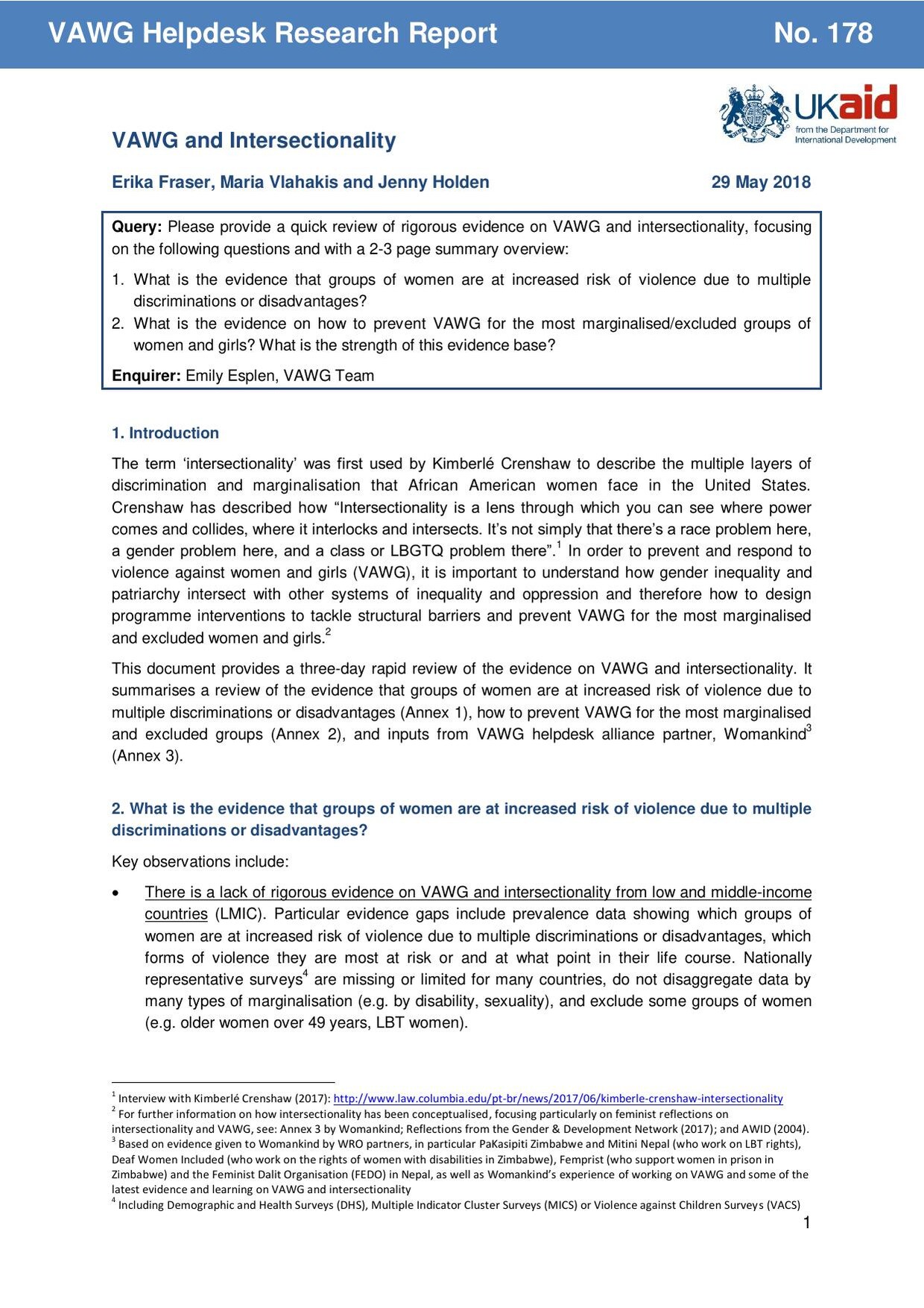 First page of VAWG Helpdesk Research Report No. 178, 'VAWG and Intersectionality' by Erika Fraser, Maria Vlahakis and Jenny Holden, 29 May 2018, showing the query box and the introduction.
