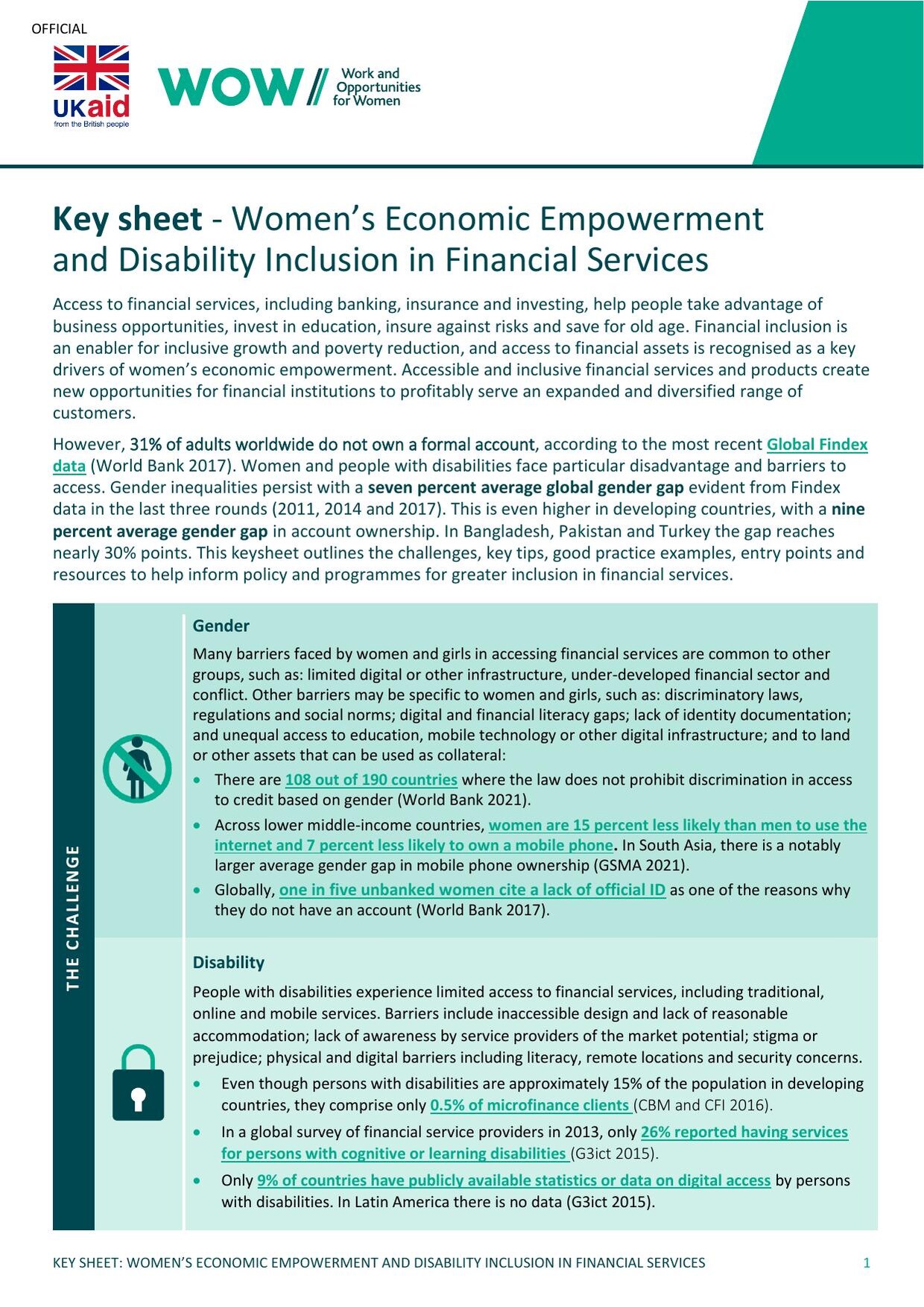 First page of the Work and Opportunities for Women key sheet on women's economic empowerment and disability inclusion in financial services, with teal sidebar panels for gender and disability challenges.