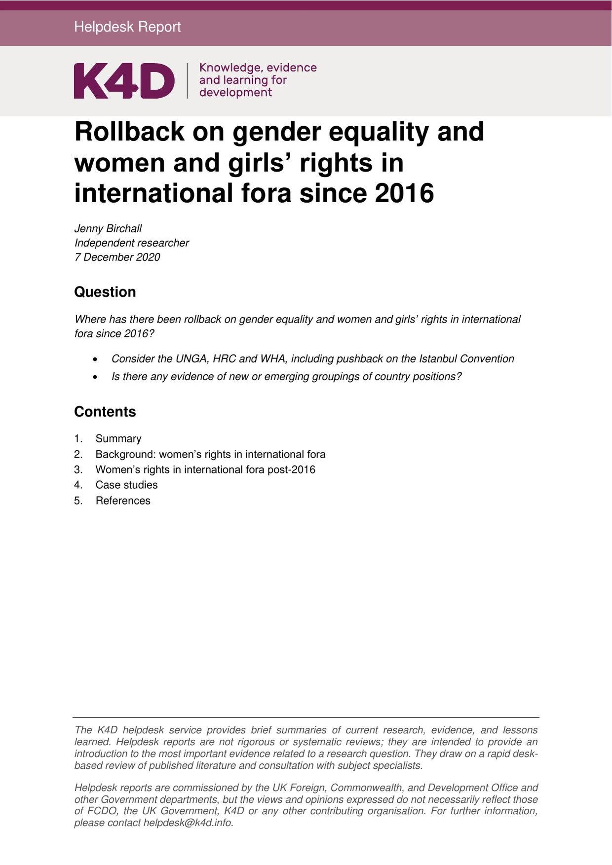 Cover of the K4D helpdesk report 'Rollback on gender equality and women and girls' rights in international fora since 2016' by Jenny Birchall, 7 December 2020, with a magenta header bar and a contents list.