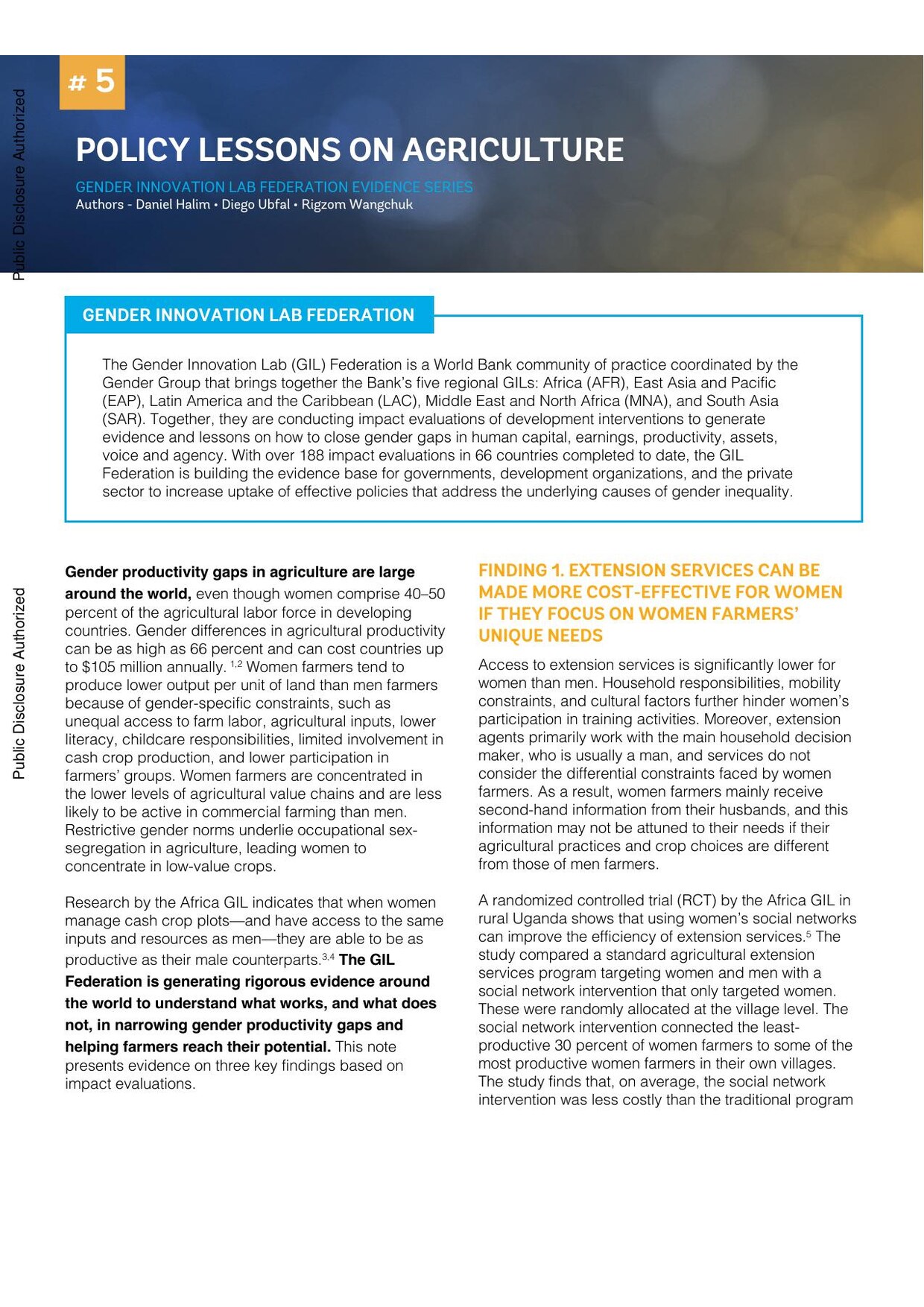 Cover of Gender Innovation Lab Federation Evidence Series note 5, 'Policy Lessons on Agriculture', with the title in white on a dark blue banner over a field of crops.