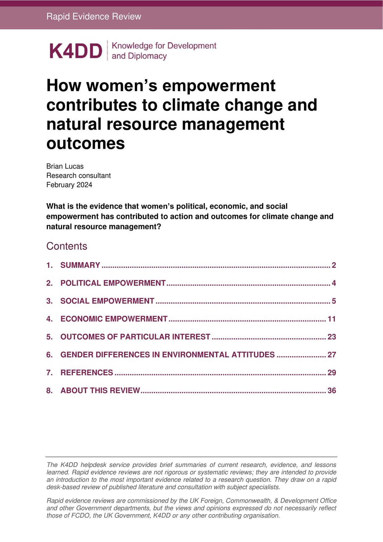 Cover of the K4DD rapid evidence review 'How women's empowerment contributes to climate change and natural resource management outcomes' by Brian Lucas, February 2024, with a magenta header bar and a contents list.