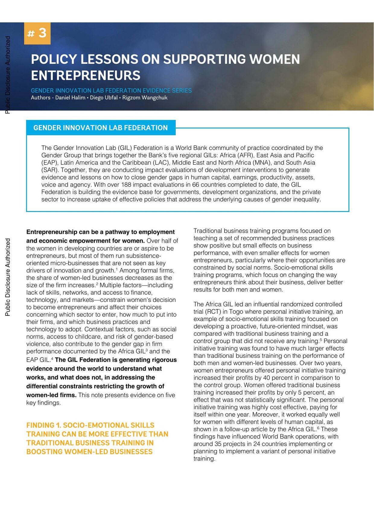 Cover of Gender Innovation Lab Federation Evidence Series note 3, 'Policy Lessons on Supporting Women Entrepreneurs', with the title in white on a dark blue banner.