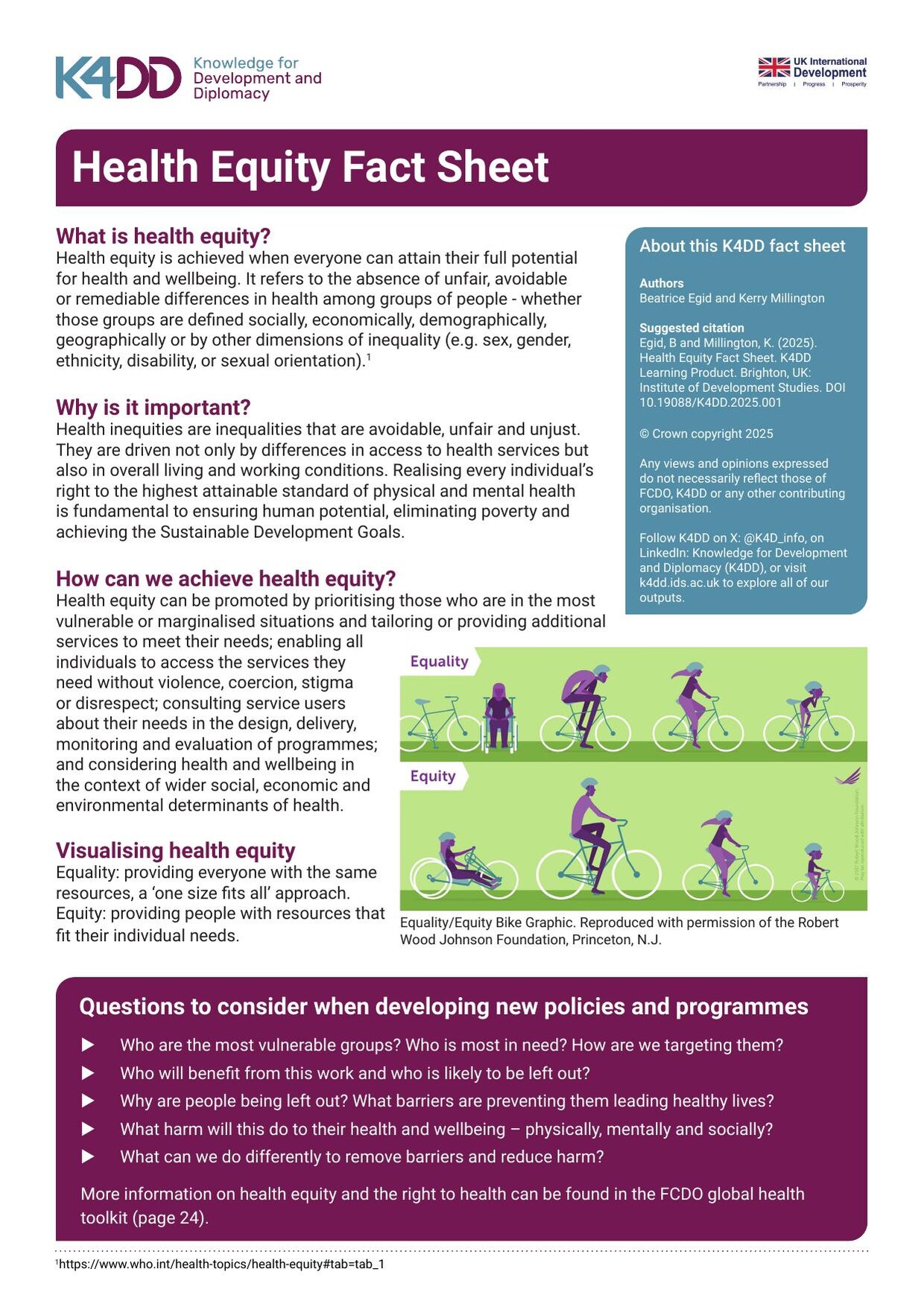 First page of the K4DD 'Health Equity Fact Sheet', with a magenta title band, sections on what health equity is and how to achieve it, and an illustration of cyclists on differently sized bicycles contrasting equality with equity.