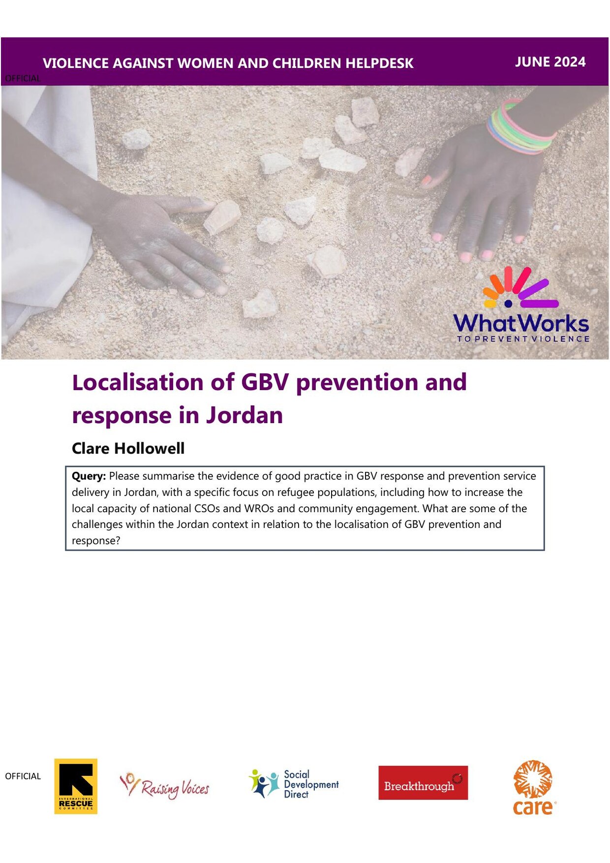 Cover of the Violence Against Women and Children Helpdesk report 'Localisation of GBV prevention and response in Jordan' by Clare Hollowell, June 2024, showing hands arranging stones on the ground.