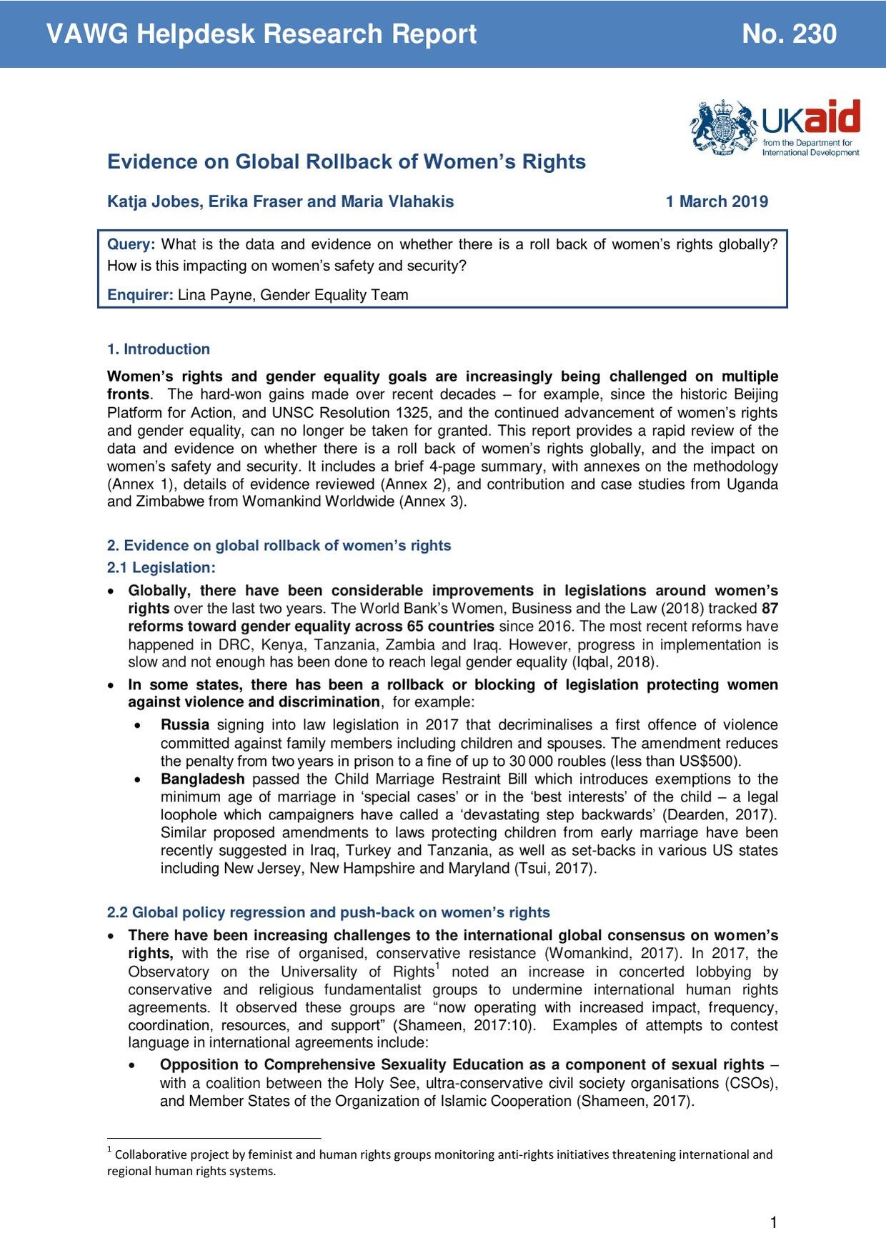 First page of VAWG Helpdesk Research Report No. 230, 'Evidence on Global Rollback of Women's Rights' by Katja Jobes, Erika Fraser and Maria Vlahakis, 1 March 2019, showing the query box and introduction.