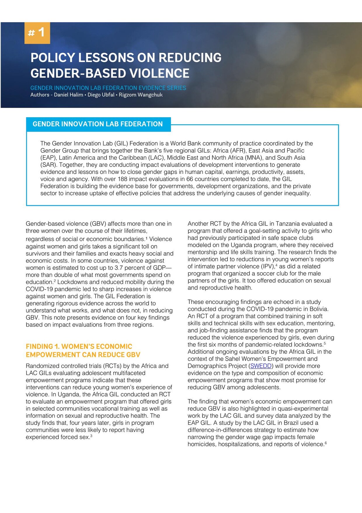 Cover of Gender Innovation Lab Federation Evidence Series note 1, 'Policy Lessons on Reducing Gender-based Violence', with the title in white on a dark blue banner.