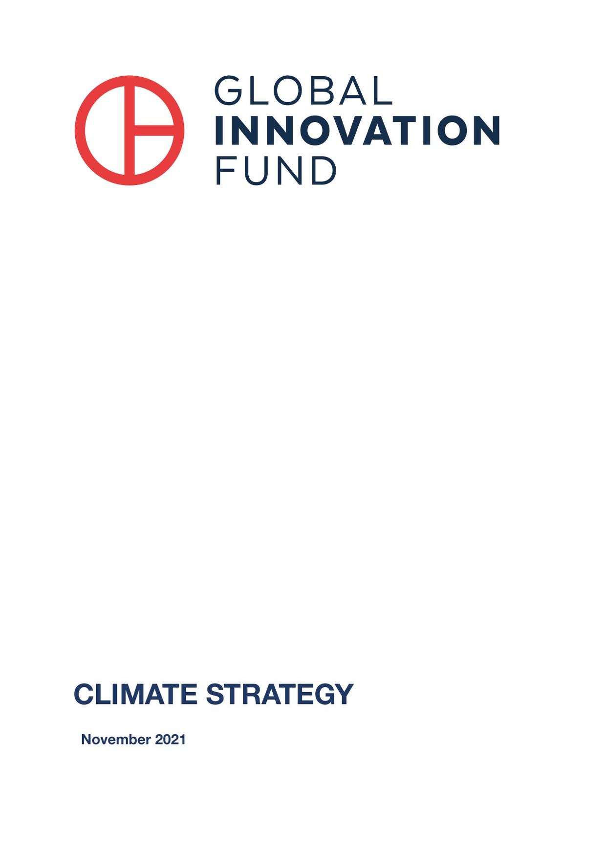 Cover of the Global Innovation Fund 'Climate Strategy', November 2021, with the Global Innovation Fund logo centred on a white page.