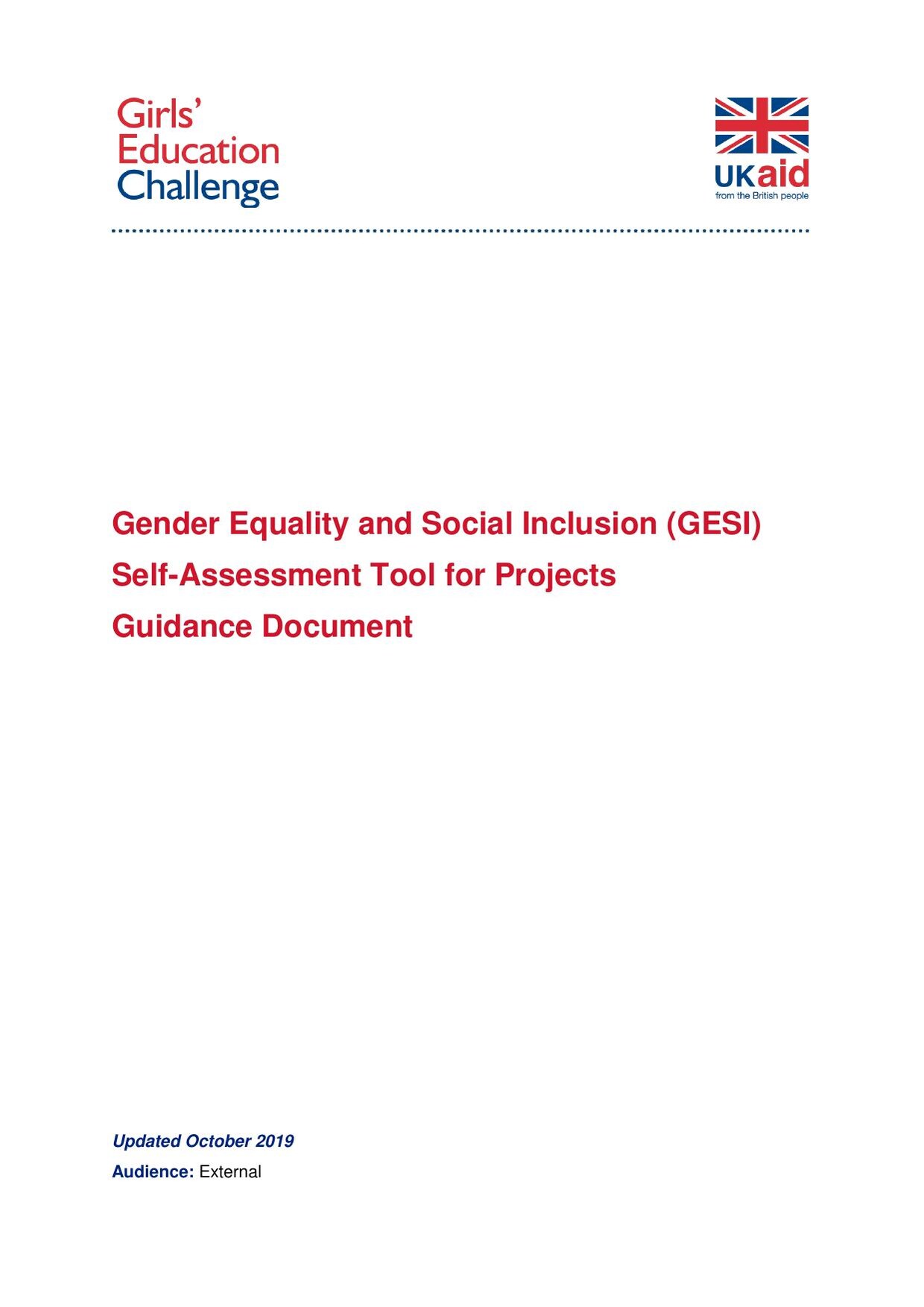 Cover of the Girls' Education Challenge 'Gender Equality and Social Inclusion (GESI) Self-Assessment Tool for Projects: Guidance Document', updated October 2019, with the Girls' Education Challenge and UK aid logos.