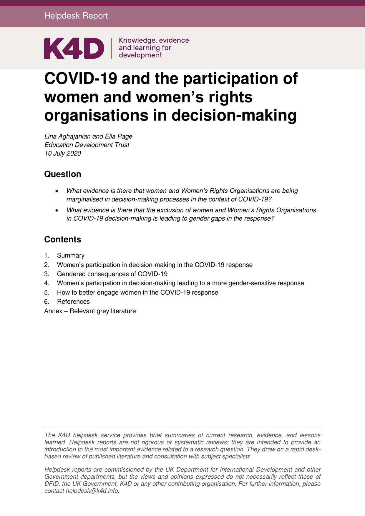 First page of the K4D helpdesk report 'COVID-19 and the participation of women and women's rights organisations in decision-making' by Lina Aghajanian and Ella Page, 10 July 2020, showing the questions and contents.