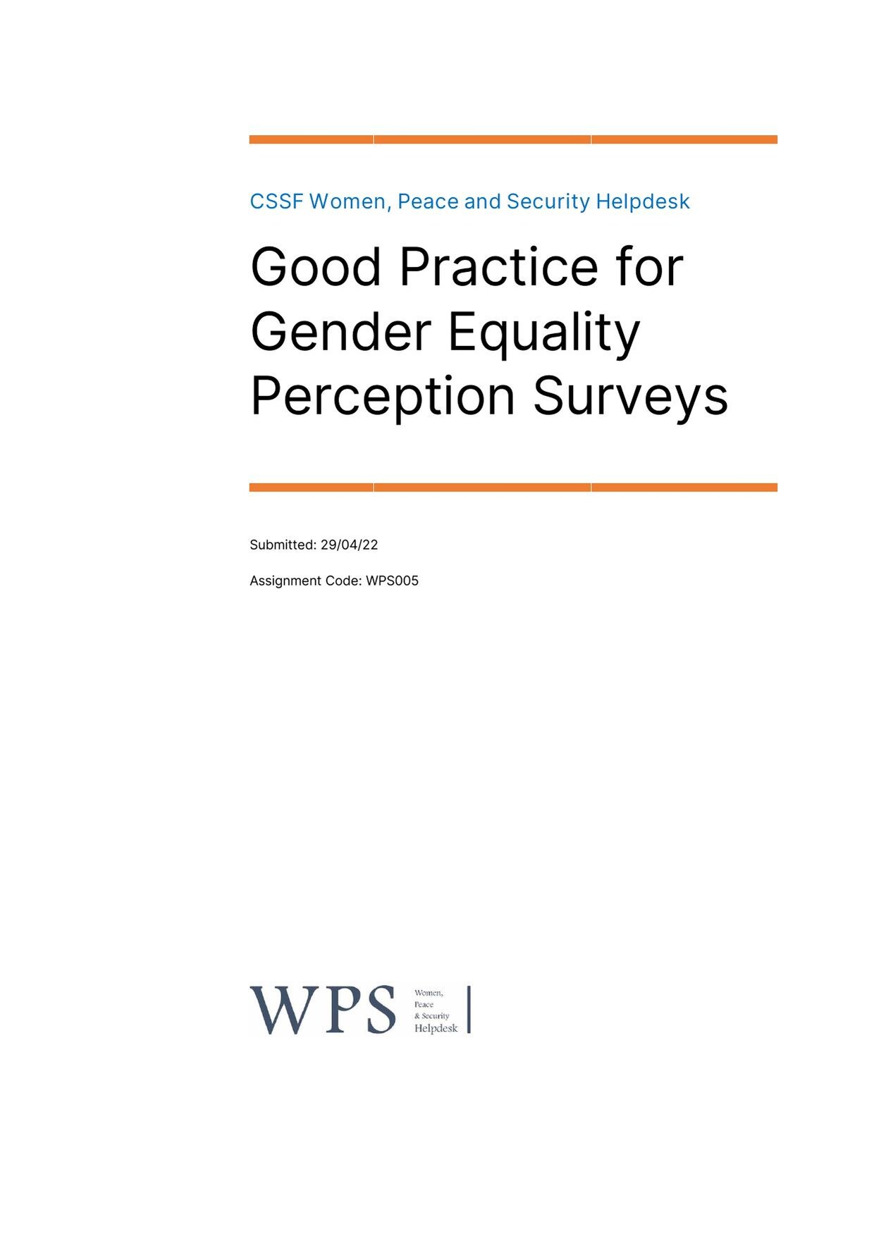 Cover of the CSSF Women, Peace and Security Helpdesk paper 'Good Practice for Gender Equality Perception Surveys', with an orange rule above the title and the WPS logo at the foot of the page.