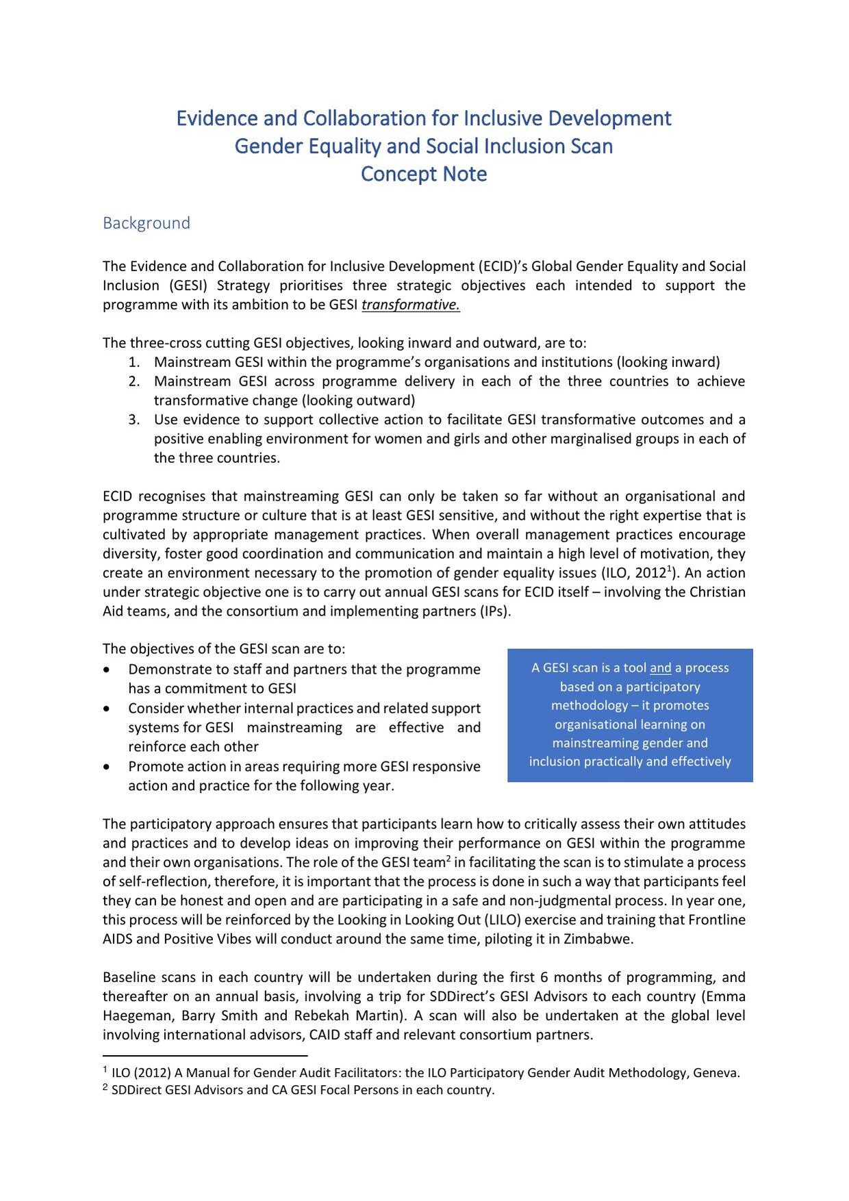 First page of the Evidence and Collaboration for Inclusive Development 'Gender Equality and Social Inclusion Scan: Concept Note', setting out the background and objectives of the scan.