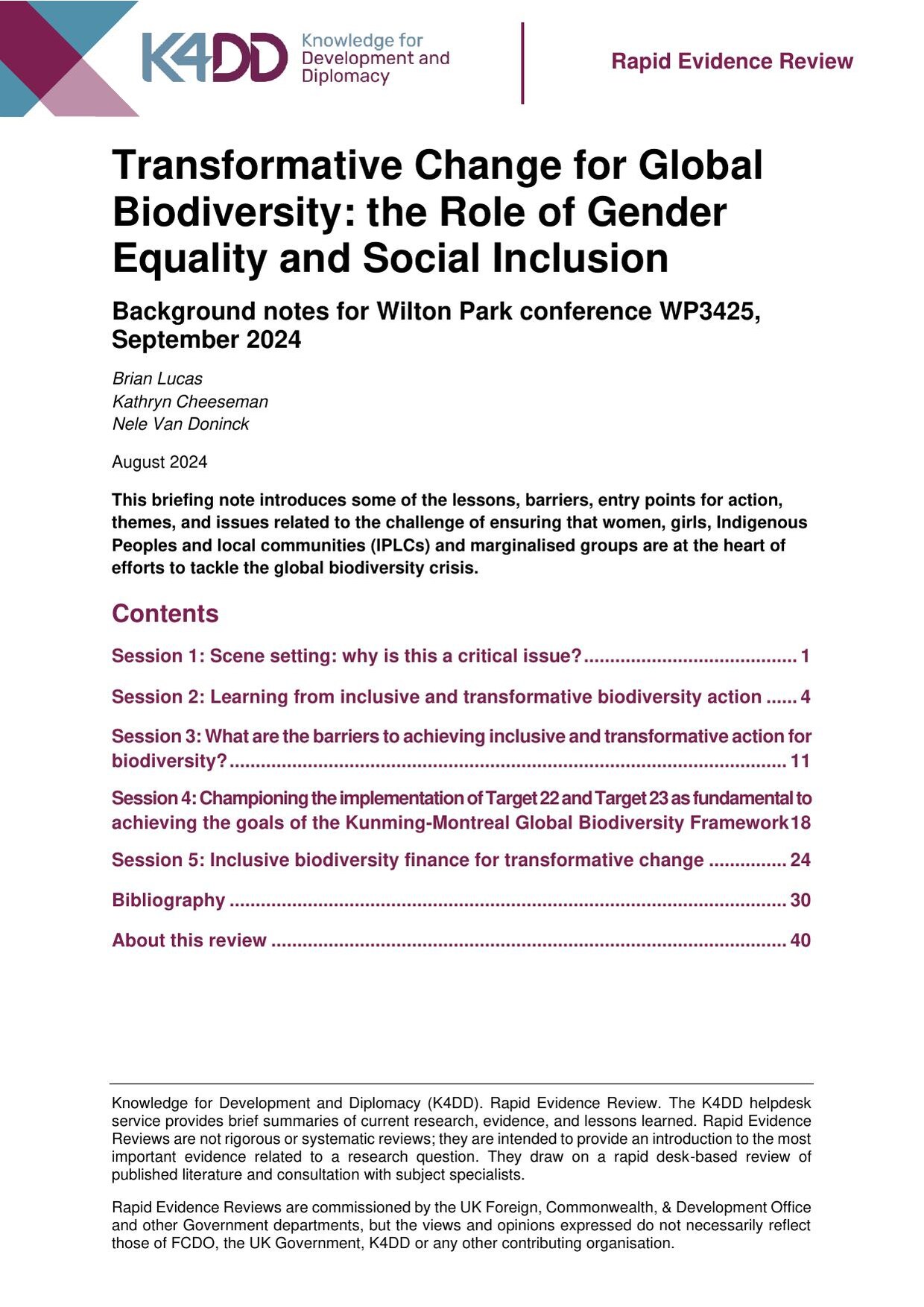 Cover of the K4DD Rapid Evidence Review 'Transformative Change for Global Biodiversity: the Role of Gender Equality and Social Inclusion', background notes for Wilton Park conference WP3425, September 2024, with a magenta header bar and a contents list.