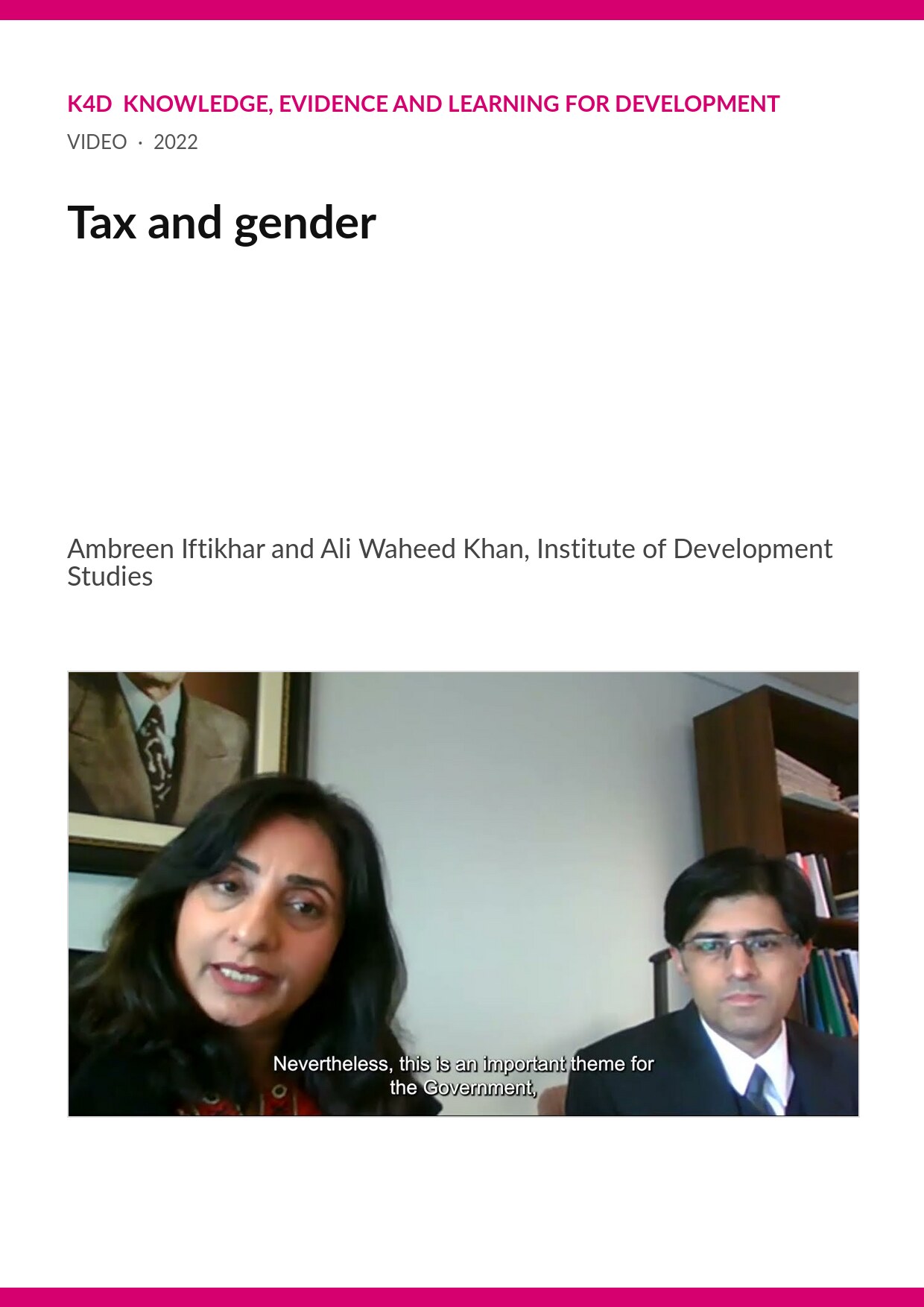 Cover card for the K4D video 'Tax and gender', with a magenta band and a still of Ambreen Iftikhar and Ali Waheed Khan speaking in an interview.