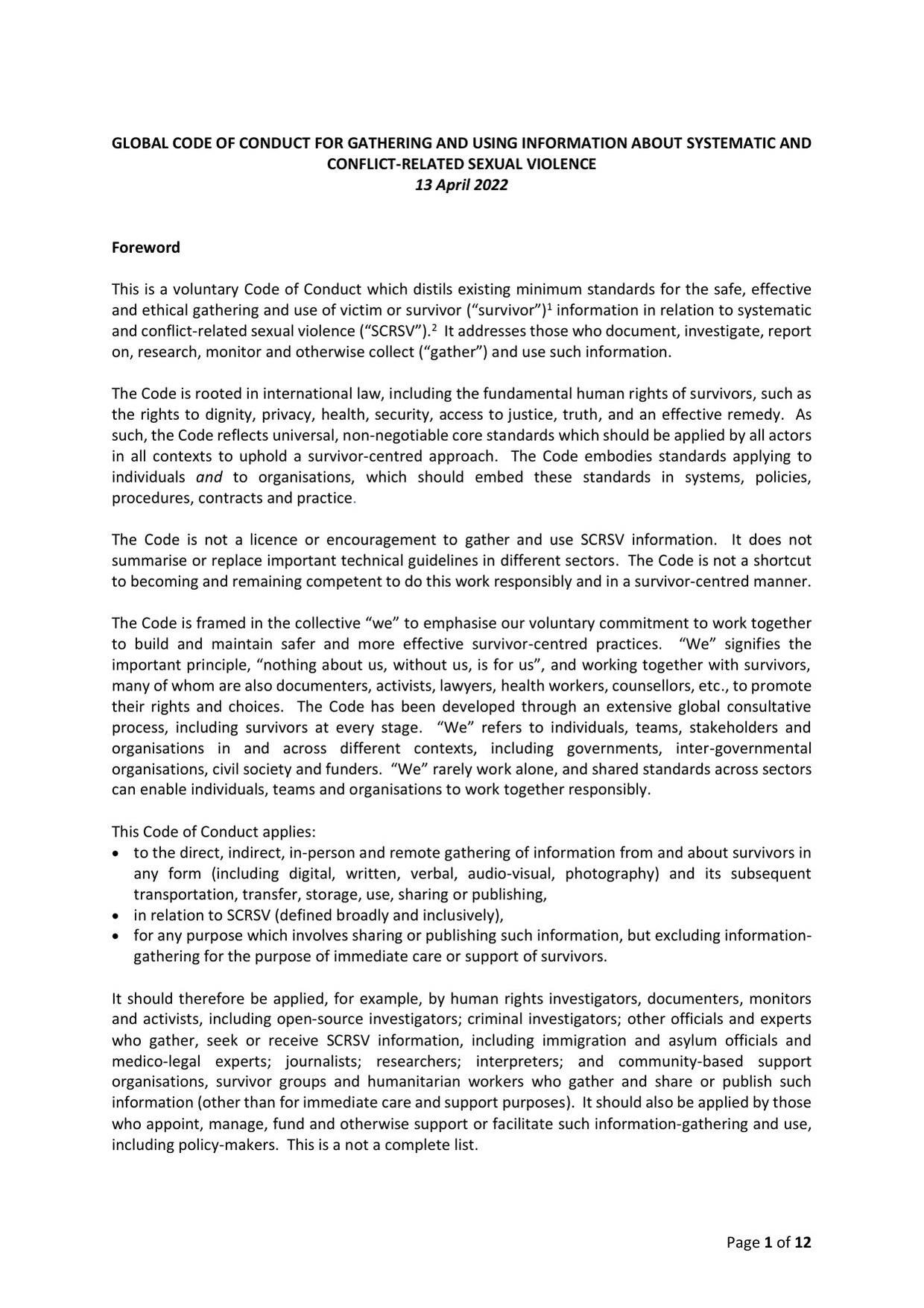 First page of the Murad Code, the global code of conduct for gathering and using information about systematic and conflict-related sexual violence, dated 13 April 2022, showing the foreword and the scope of the code.