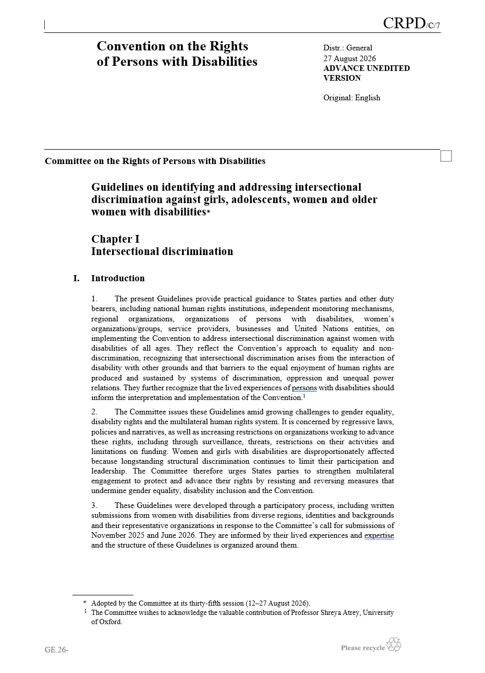 Cover page of the United Nations Committee on the Rights of Persons with Disabilities guidelines on identifying and addressing intersectional discrimination against girls, adolescents, women and older women with disabilities.