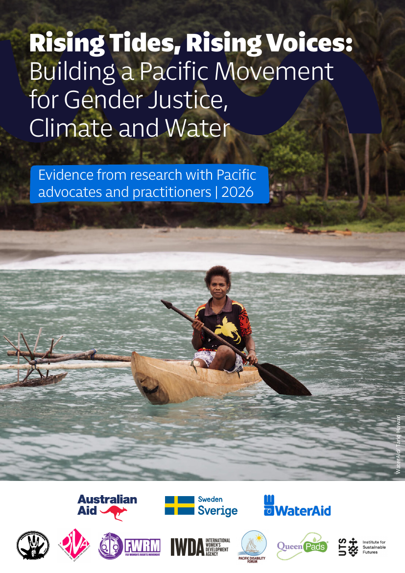 Cover of the WaterAid report 'Rising Tides, Rising Voices', showing a woman paddling a wooden outrigger canoe in shallow water off a forested Pacific coastline, with logos of Australian Aid, Sweden Sverige, WaterAid and Pacific partner organisations.