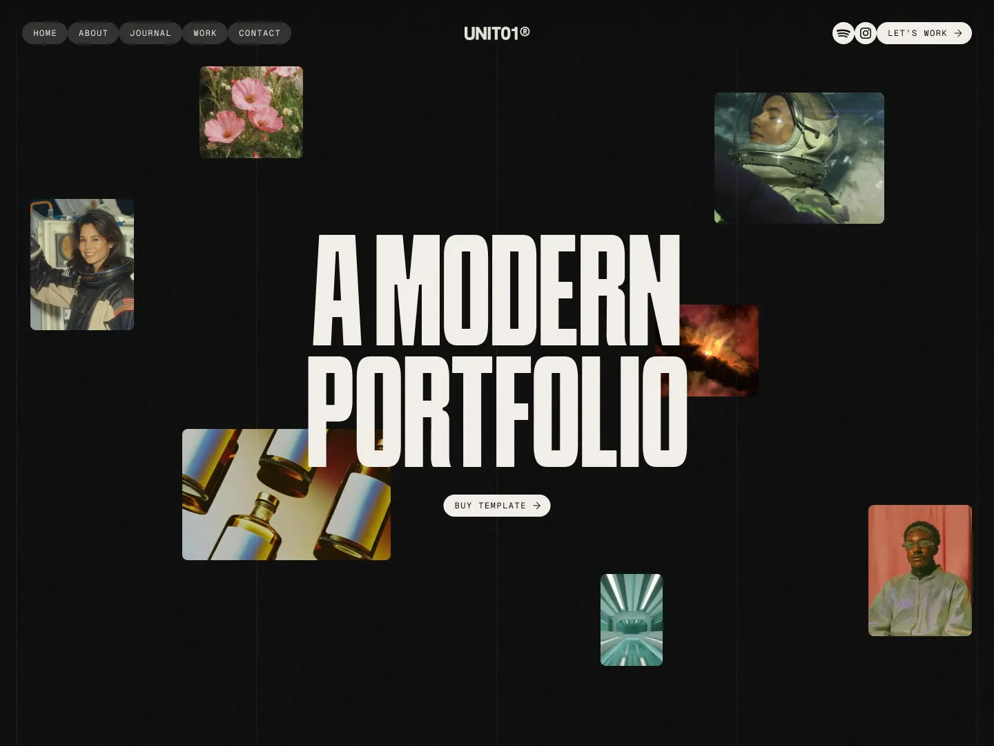 Homepage of UNIT01 showing a modern portfolio with various small images including flowers, people, space scenes, and bottles on a black background.