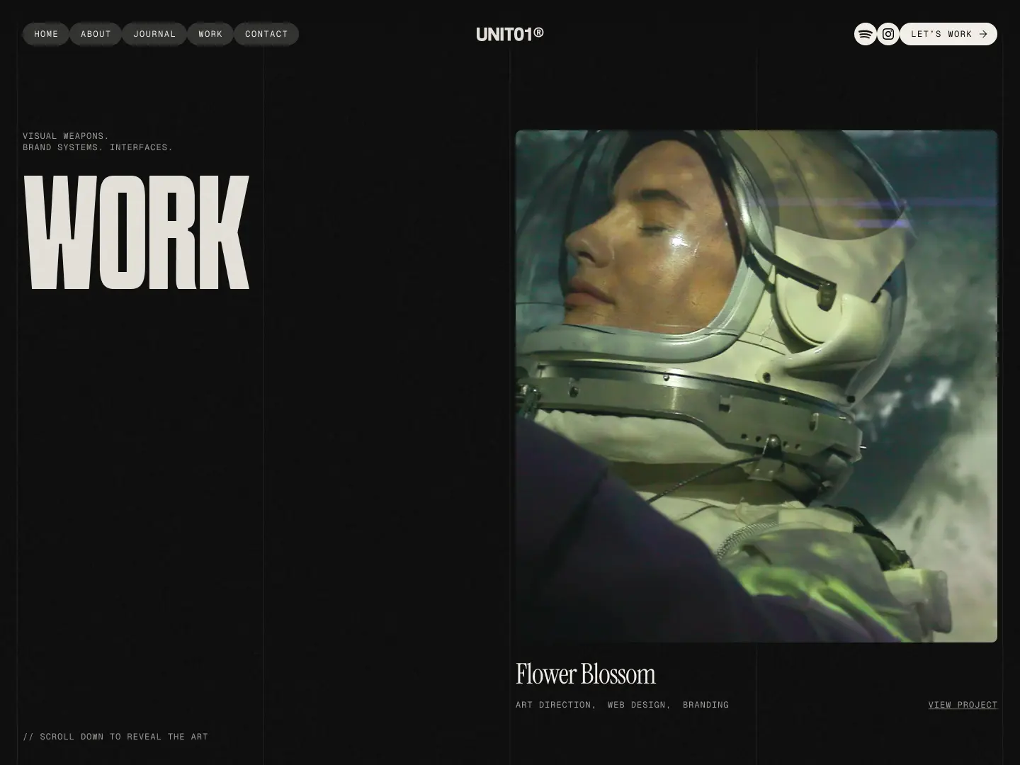 Website screen showing a close-up of a person in an astronaut suit with eyes closed, titled 'Flower Blossom' under art direction, web design, and branding.