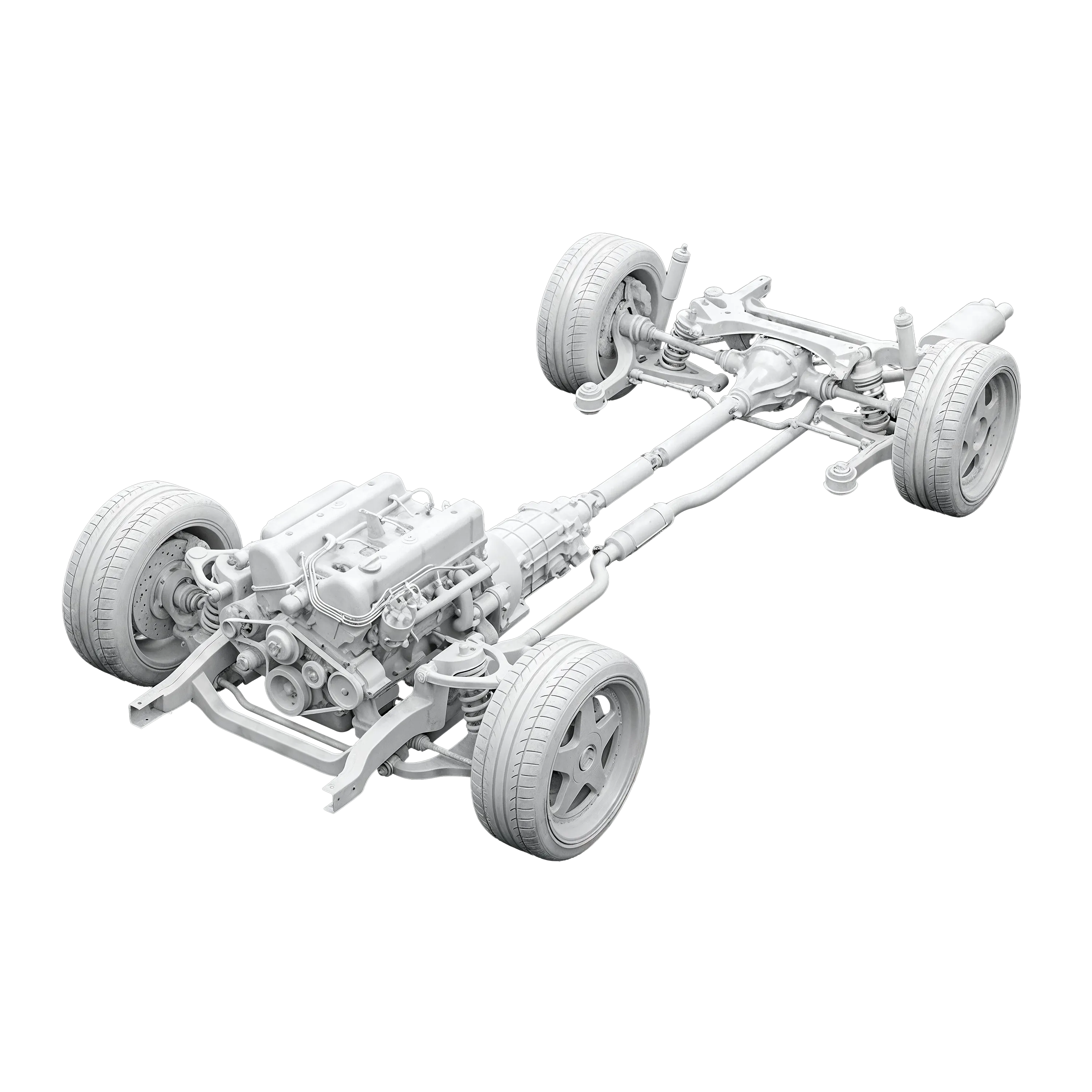 Weißes 3D-Modell einer Kfz-Hinterradaufhängung mit Federbein und Bremsscheiben vor schwarzem Hintergrund.