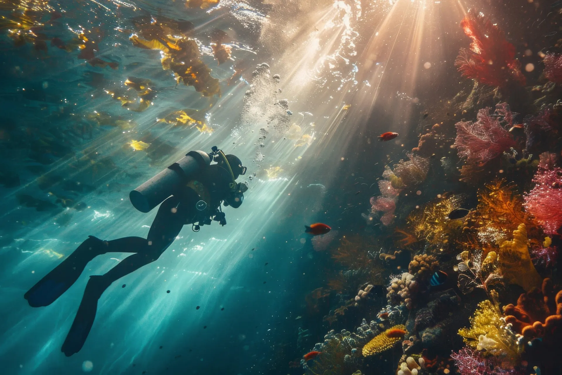 diver sea surrounded by wild nature