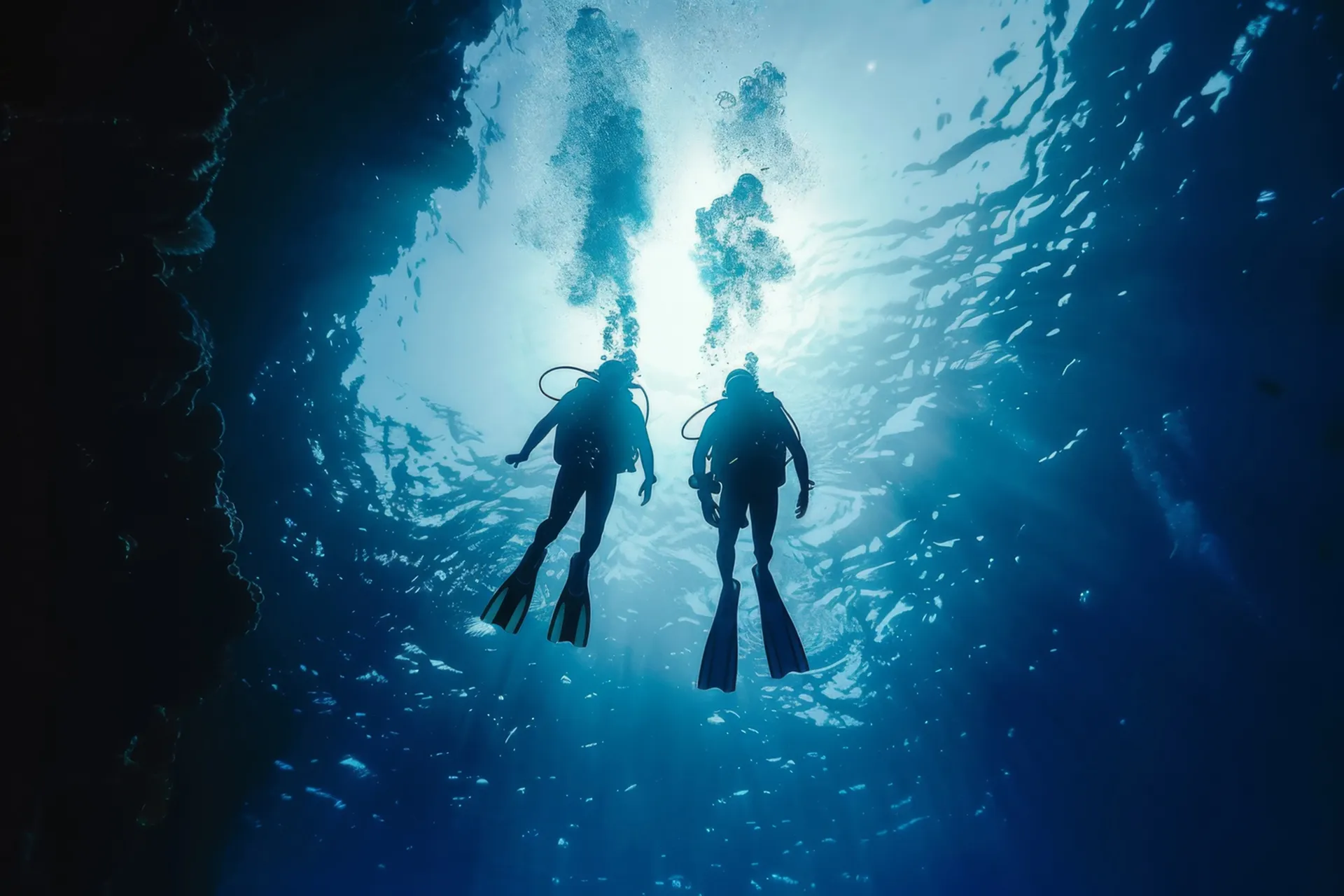 underwater scuba diver exploring sea world