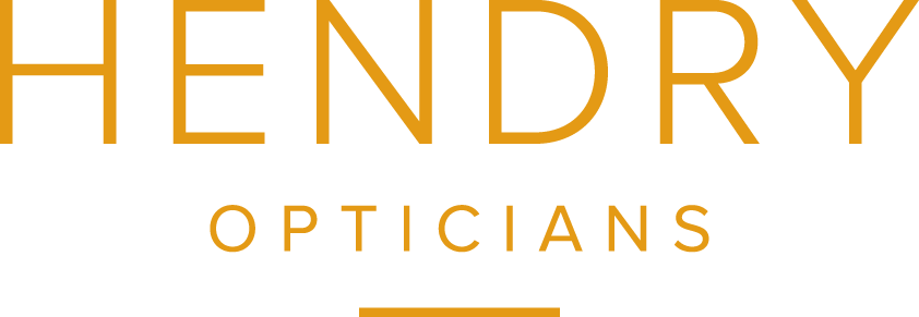 HENDRY OPTICIANS text logo in orange on a black background.