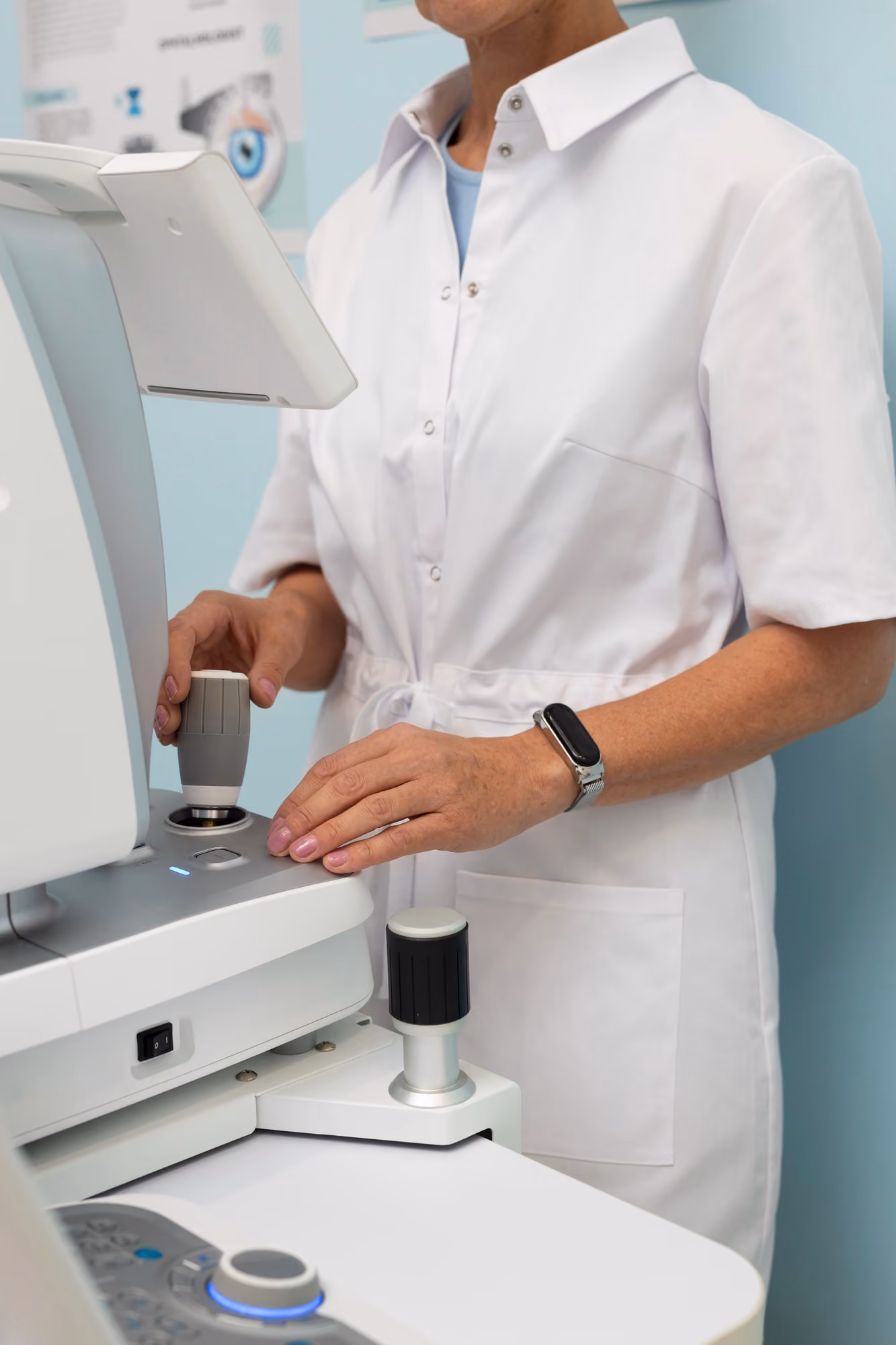 Person in white coat operating medical diagnostic equipment with controls and screen.