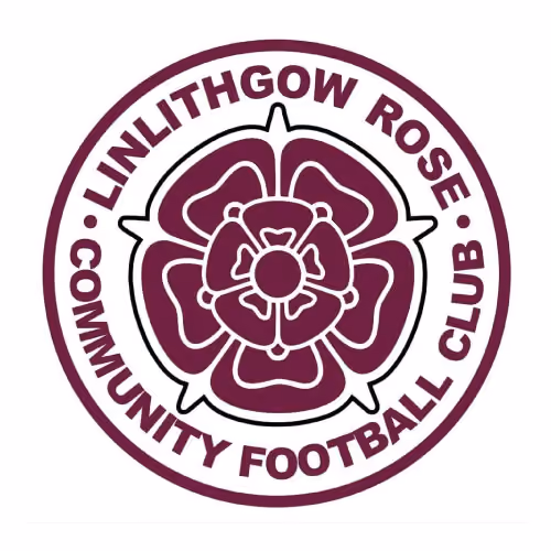 Logo with a stylized rose and text Linlithgow Rose Community Football Club around it.
