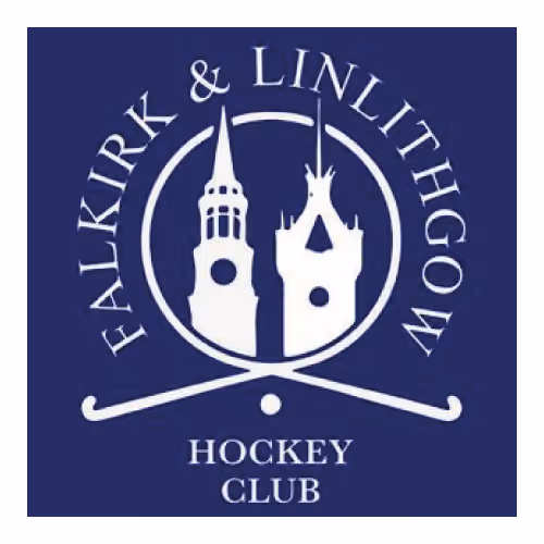 Logo with two towers inside a circle, crossed hockey sticks, and text Falkirk & Linlithgow Hockey Club.