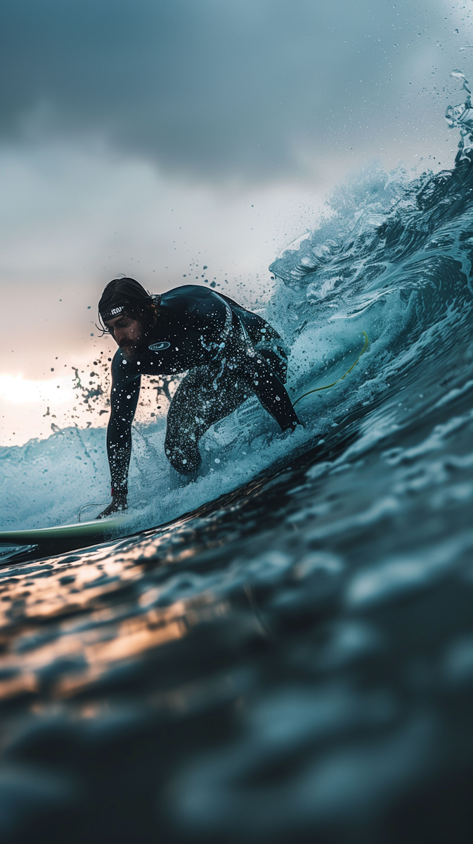 Surfer wearing a black wetsuit riding a wave with water splashing around during a cloudy sunset.