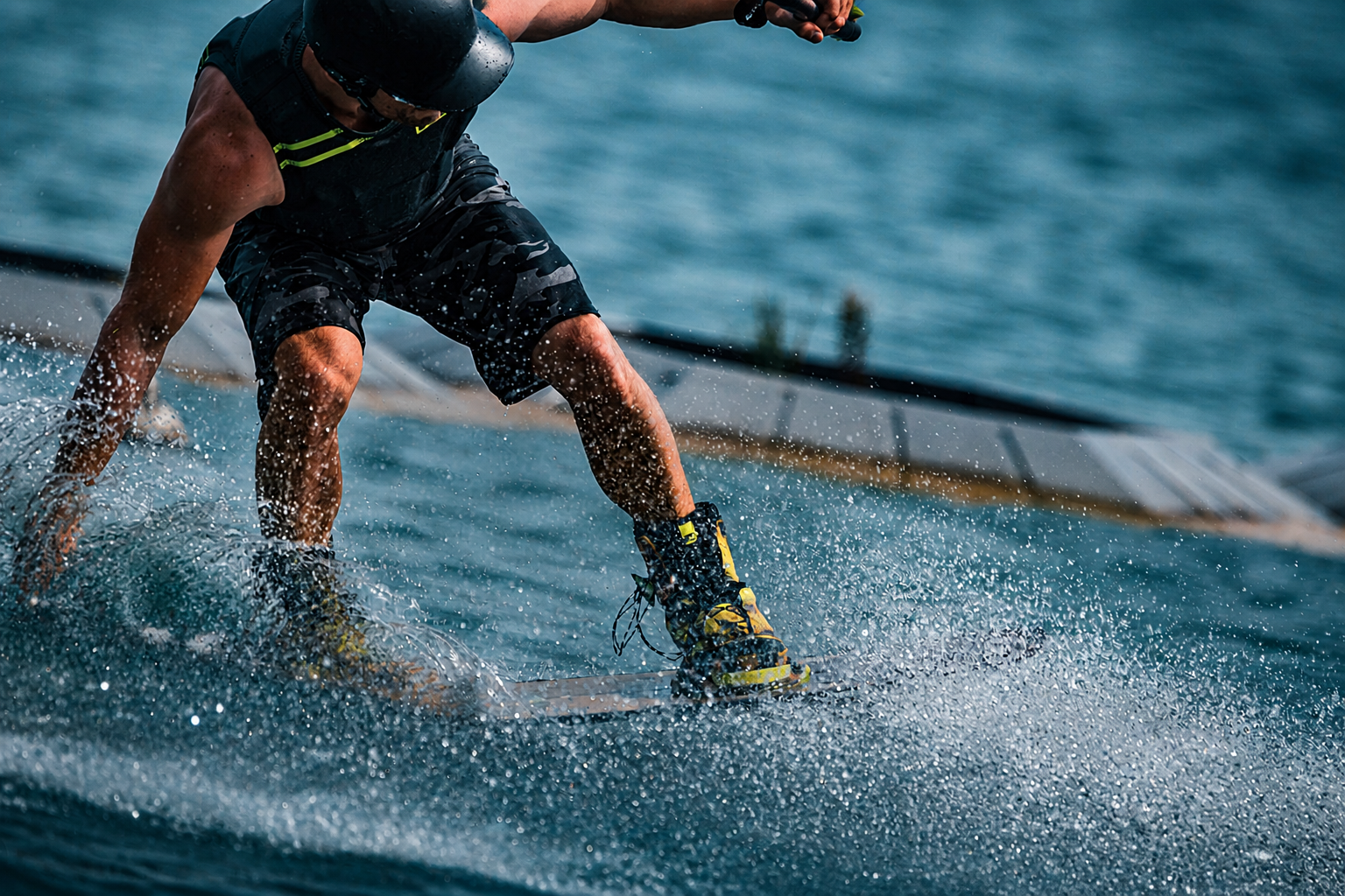 Surfer wearing a black wetsuit riding a wave with water splashing around during a cloudy sunset.