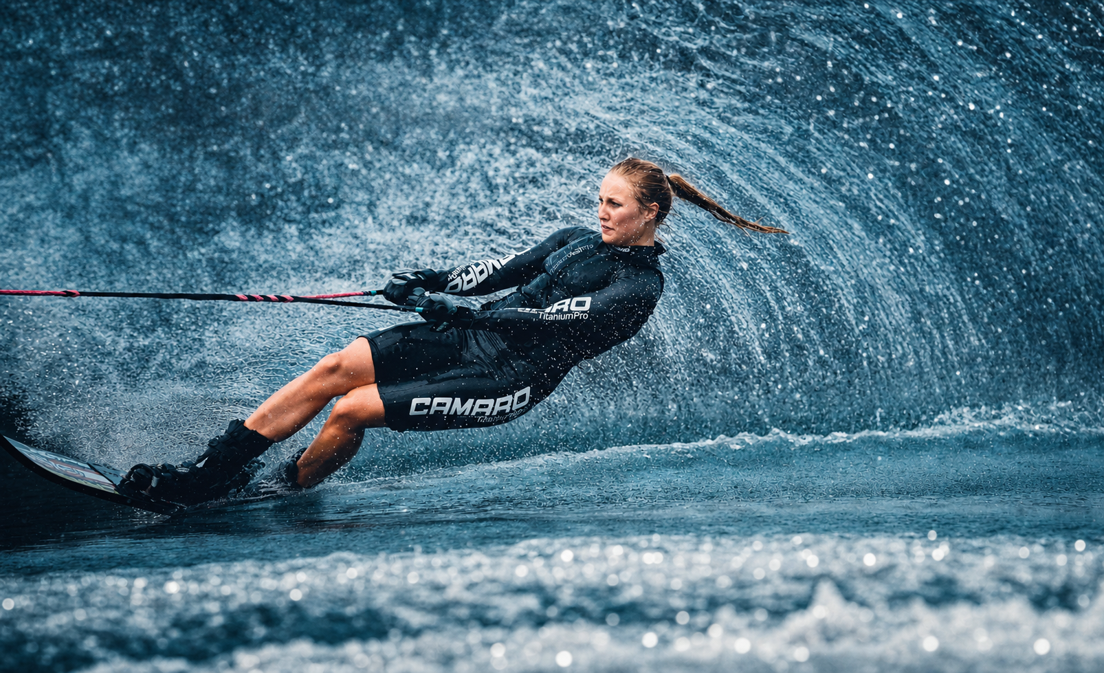 Surfer wearing a black wetsuit riding a wave with water splashing around during a cloudy sunset.