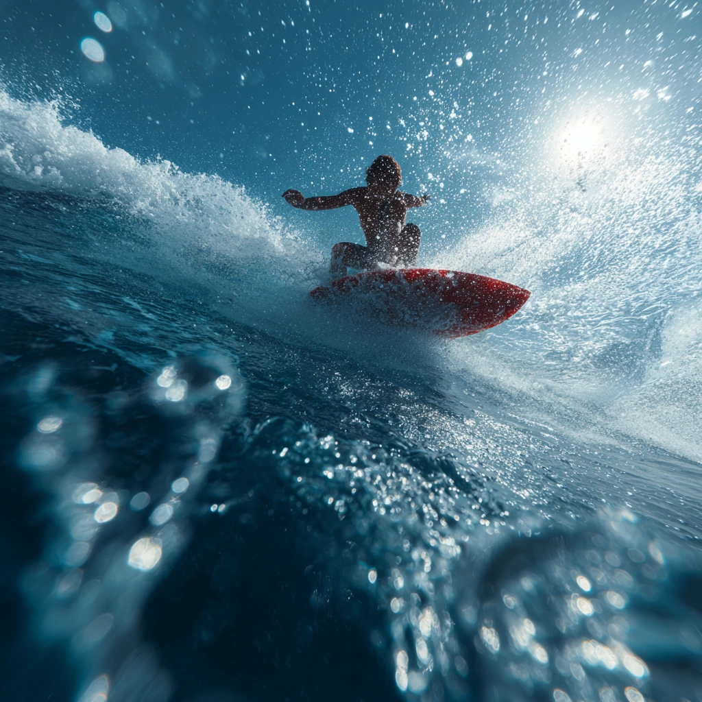 Surfer wearing a black wetsuit riding a wave with water splashing around during a cloudy sunset.