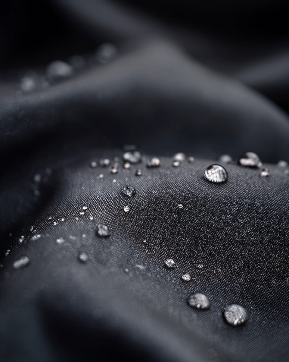 Close-up of a textured black fabric with a wavy pattern and intricate mesh-like surface.