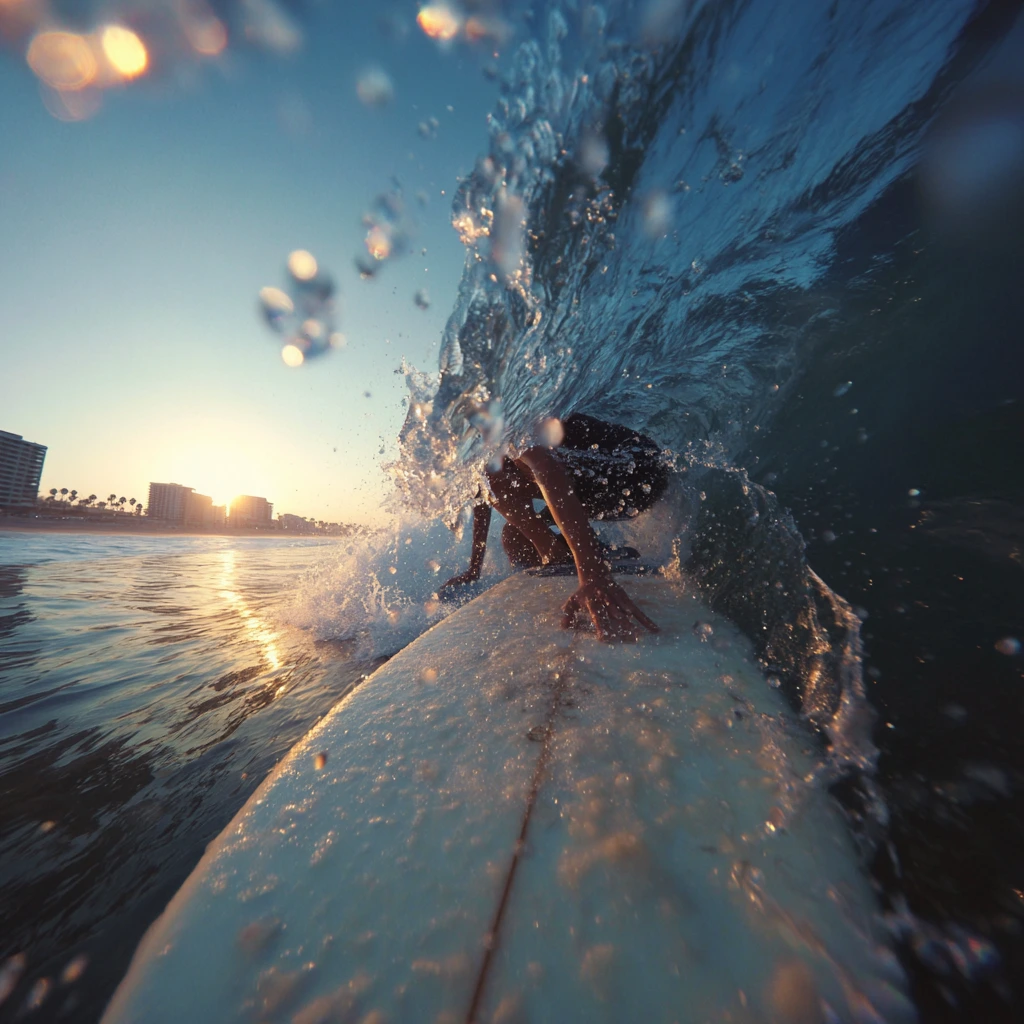 Surfer wearing a black wetsuit riding a wave with water splashing around during a cloudy sunset.