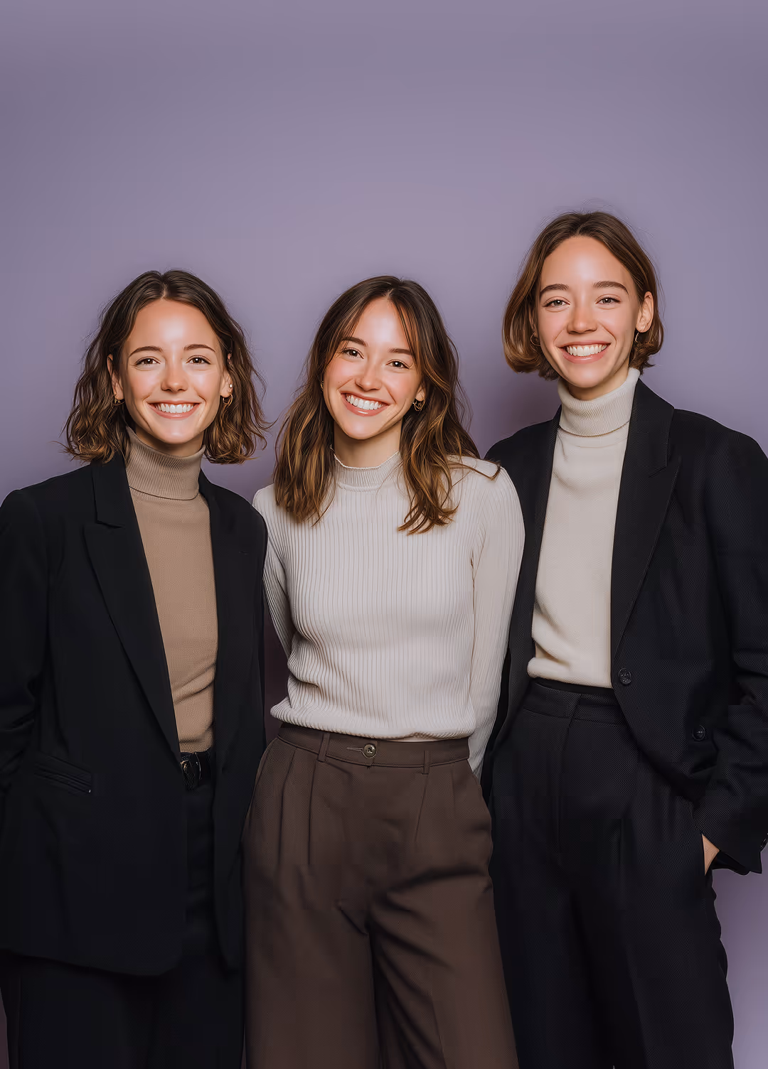 Three young women with brown hair smiling, wearing turtleneck sweaters and blazers, standing against a purple background.