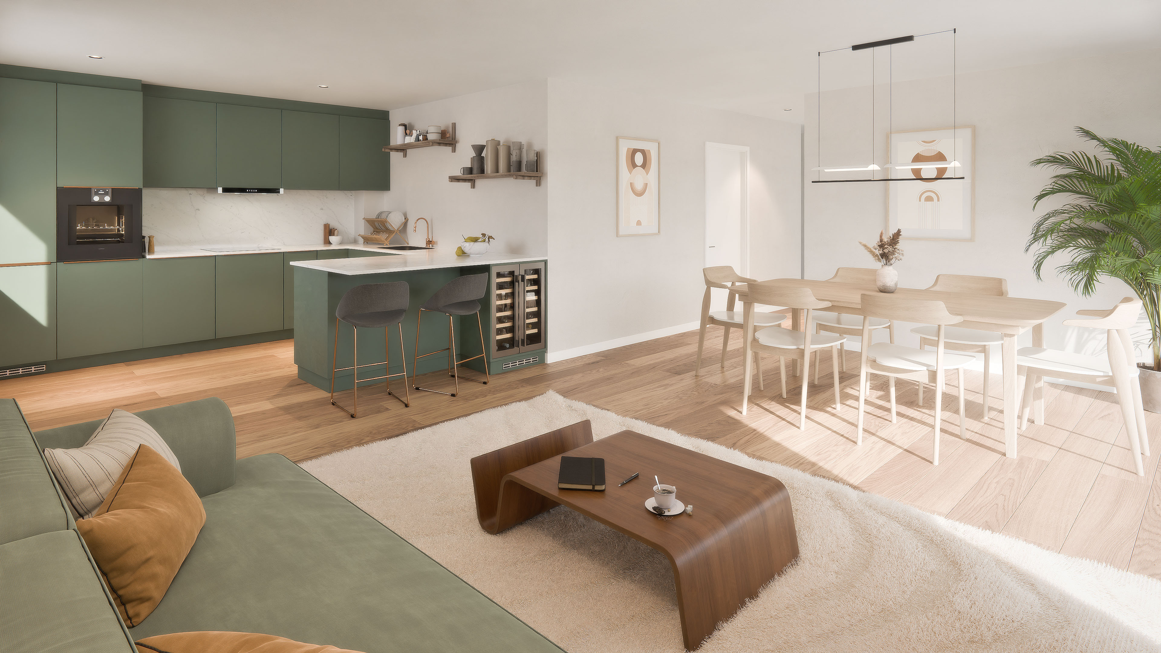 Cuisine moderne verte ouverte sur salon avec canapé vert, table basse en bois, coin repas avec table en bois clair et chaises, plante verte et tableaux minimalistes.